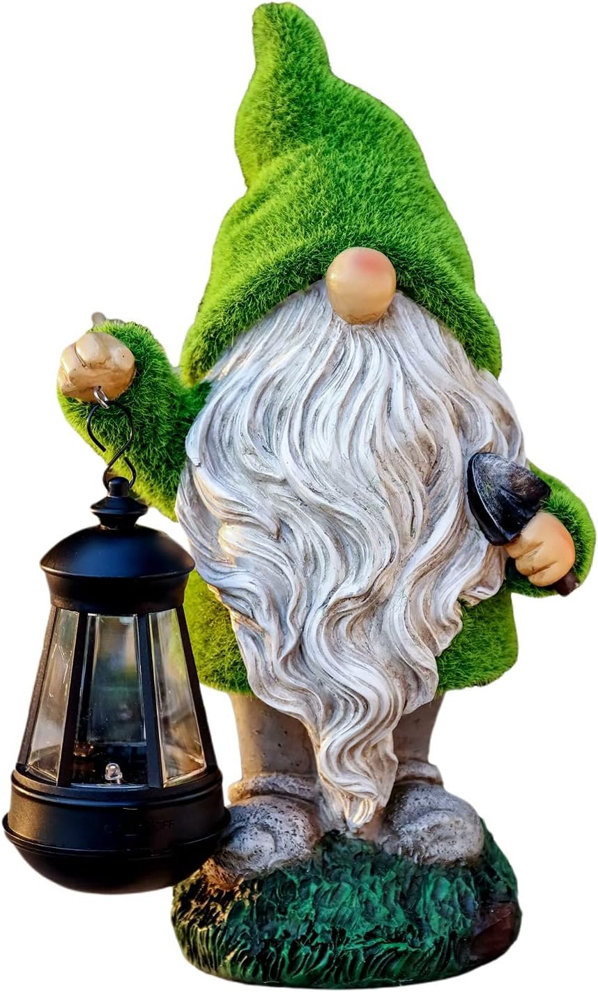 TERESA’S COLLECTIONS Christmas Outdoor Statue for Home, Resin Gnome Decorations with Solar Outdoor Lights for Garden Decor,Green Garden Sculptures & Statues for Front Patio Lawn, Gifts for Mom,8″