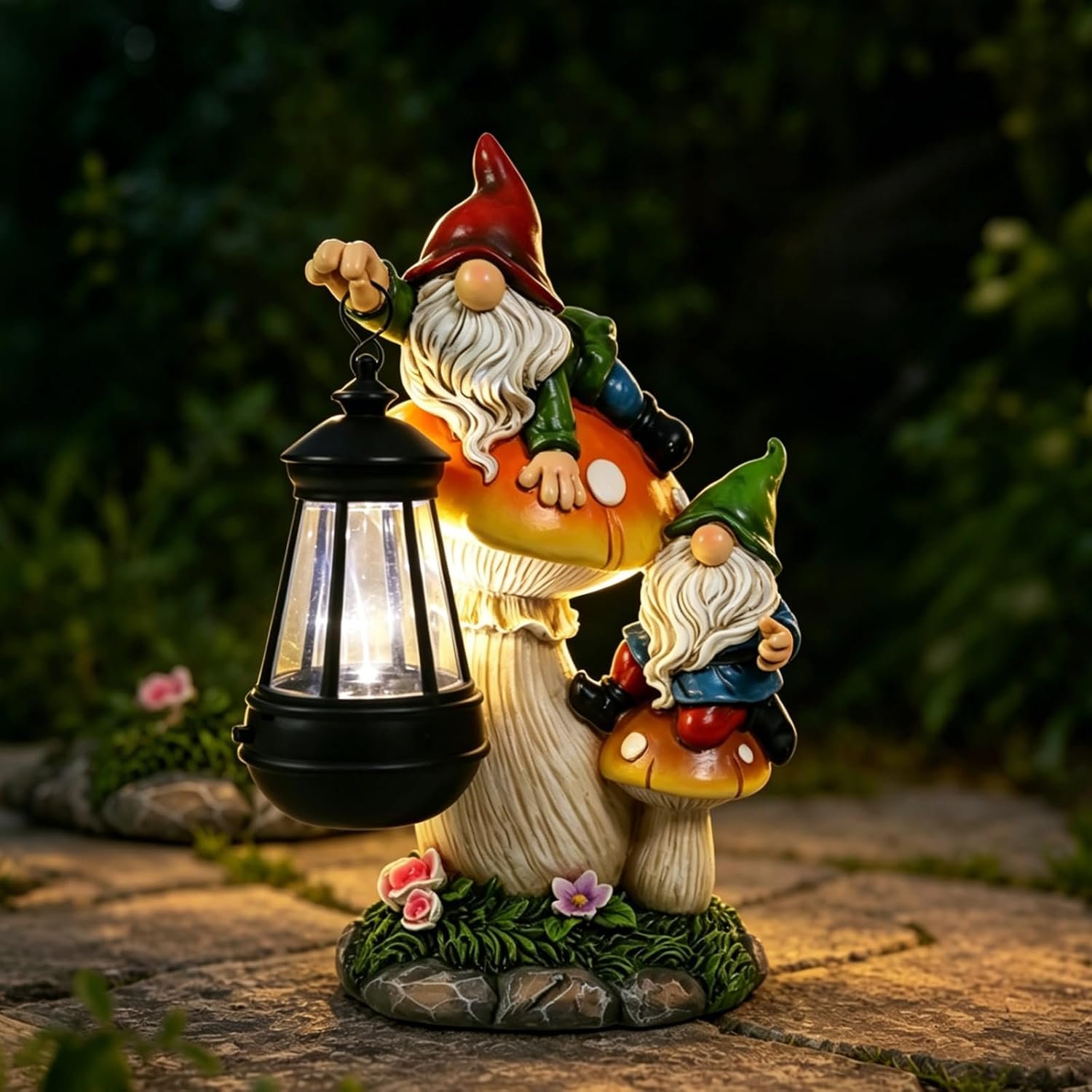 Garden Gnome Statue, Large Funny Gnome Figurine Climbing on Mushroom and Holding a Solar LED Lantern Resin Ornament for Patio Yard Lawn Porch Outdoor Decor