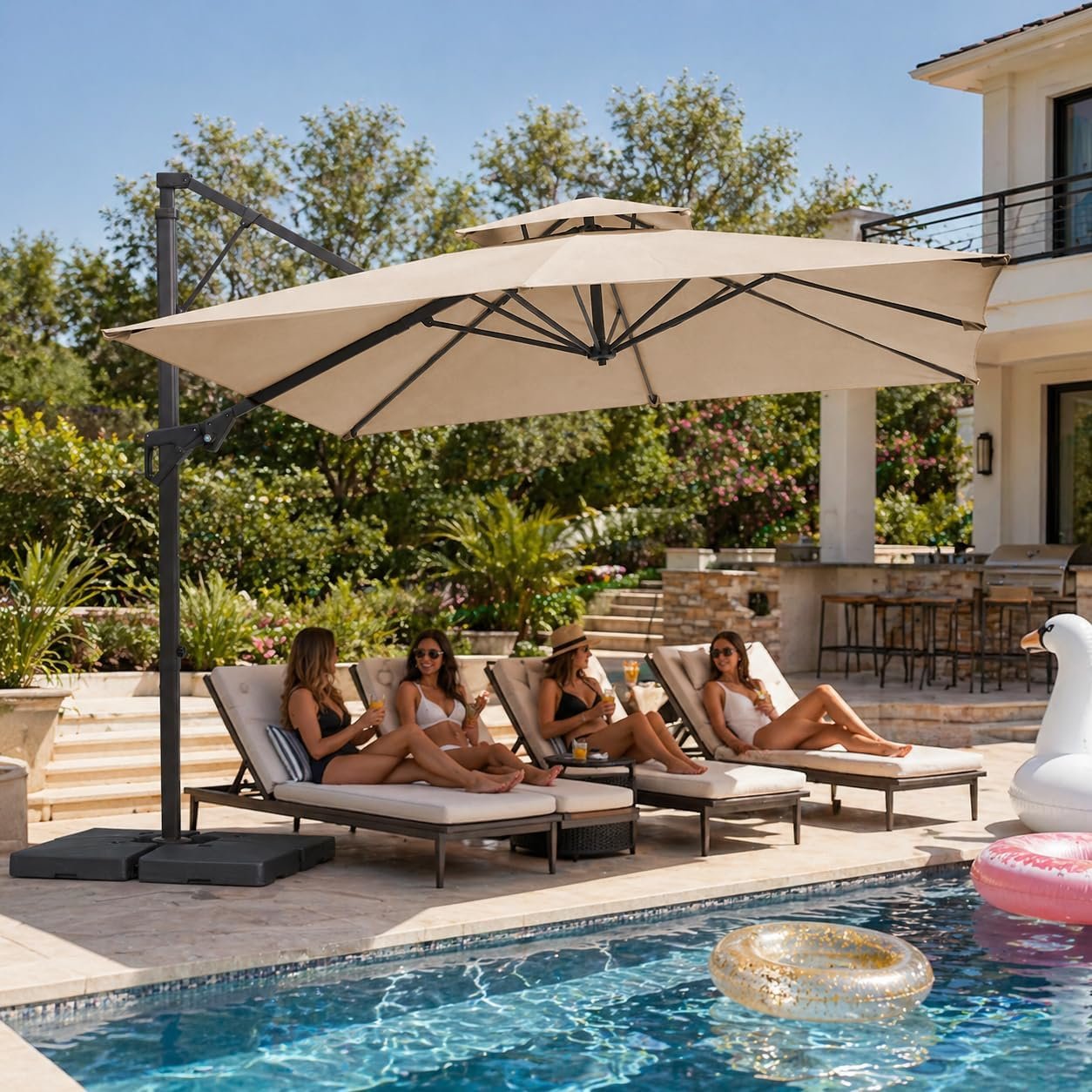 JEAREY 10×10 ft 2-Tier Cantilever Patio Umbrella, Large Square Outdoor Offset Umbrella with Double Top Vent and 360-degree Rotation for Garden, Deck, Pool, Patio, Beige