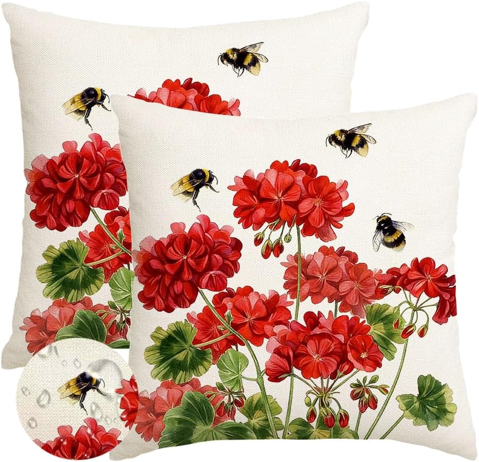 RABUSOFA Spring Summer Pillow Cover 18×18 Waterproof Outdoor Geranium Decor | Spring Summer Decoration, Gift for Spring, Waterproof & Durable Fabric, Machine Washable, Invisible Zipper, Not Insert