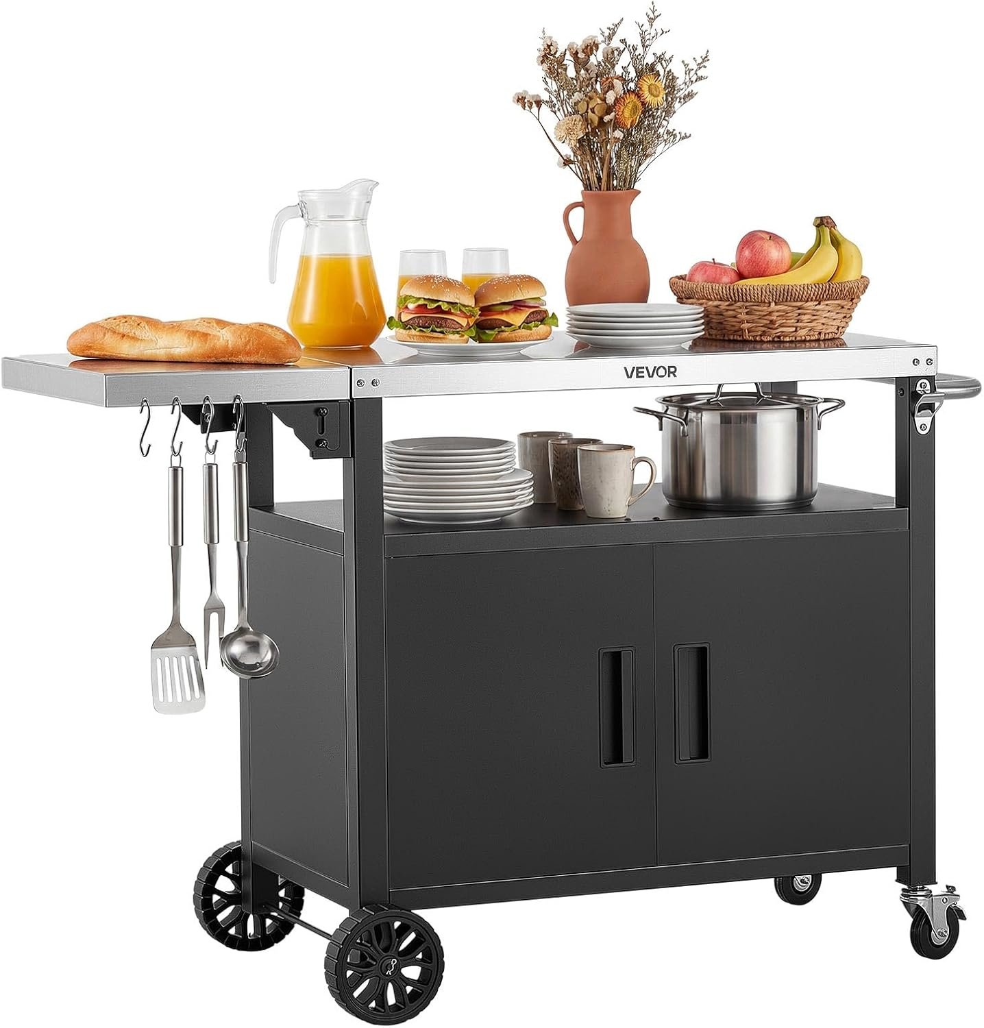 VEVOR Outdoor Grill Cart with Storage Cabinet, 48.9 Inch Grill Table, Waterproof Kitchen Island with Stainless Steel Top, Shelf, and Wheels, Movable Food Prep Station for Patio Bar Backyard BBQ