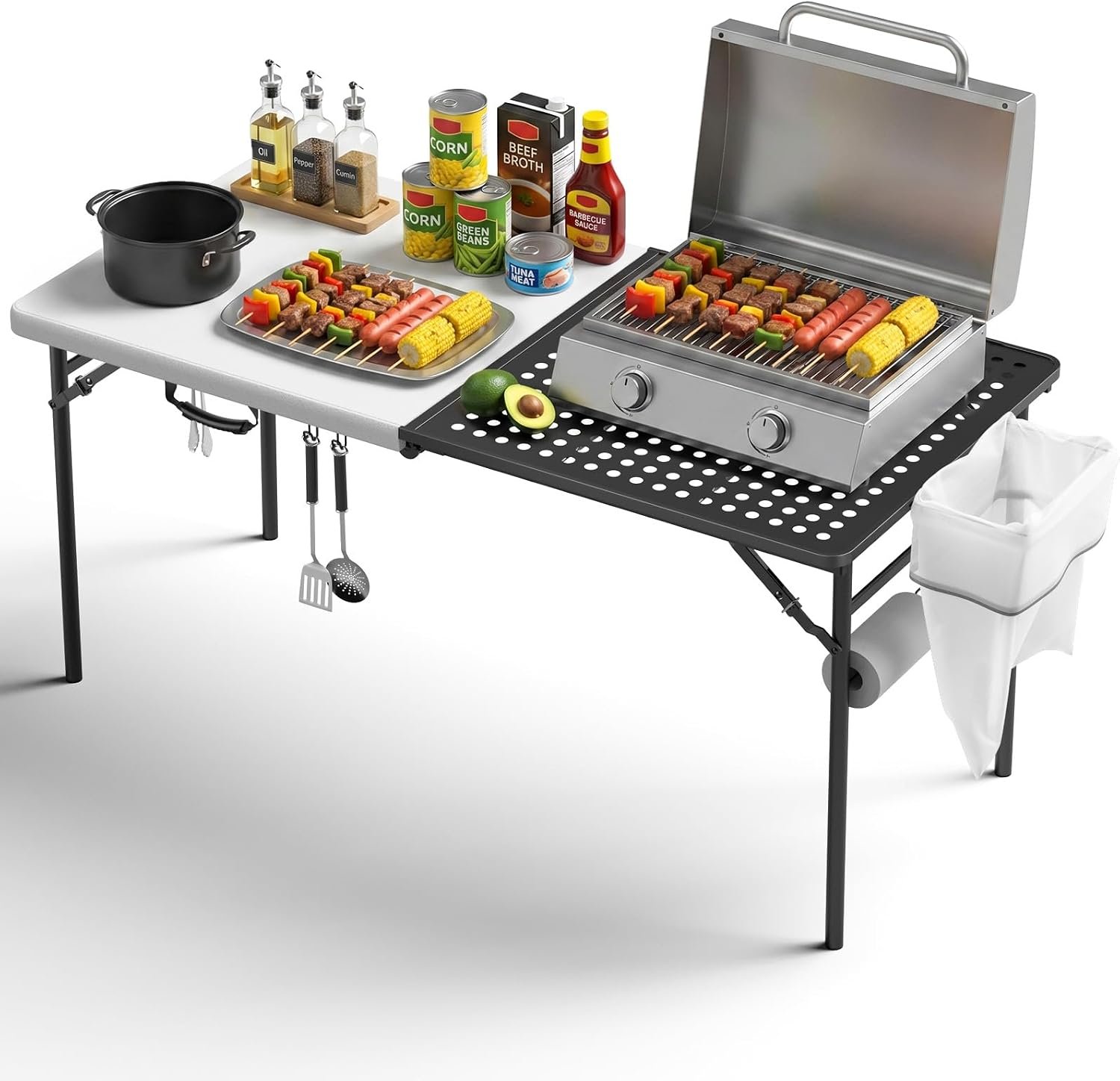 5FT Folding Table Portable Picnic Table with Metal Grid Grilling Surface, Foldable Camping Table Food Prep Station for BBQ, Patio & Beach