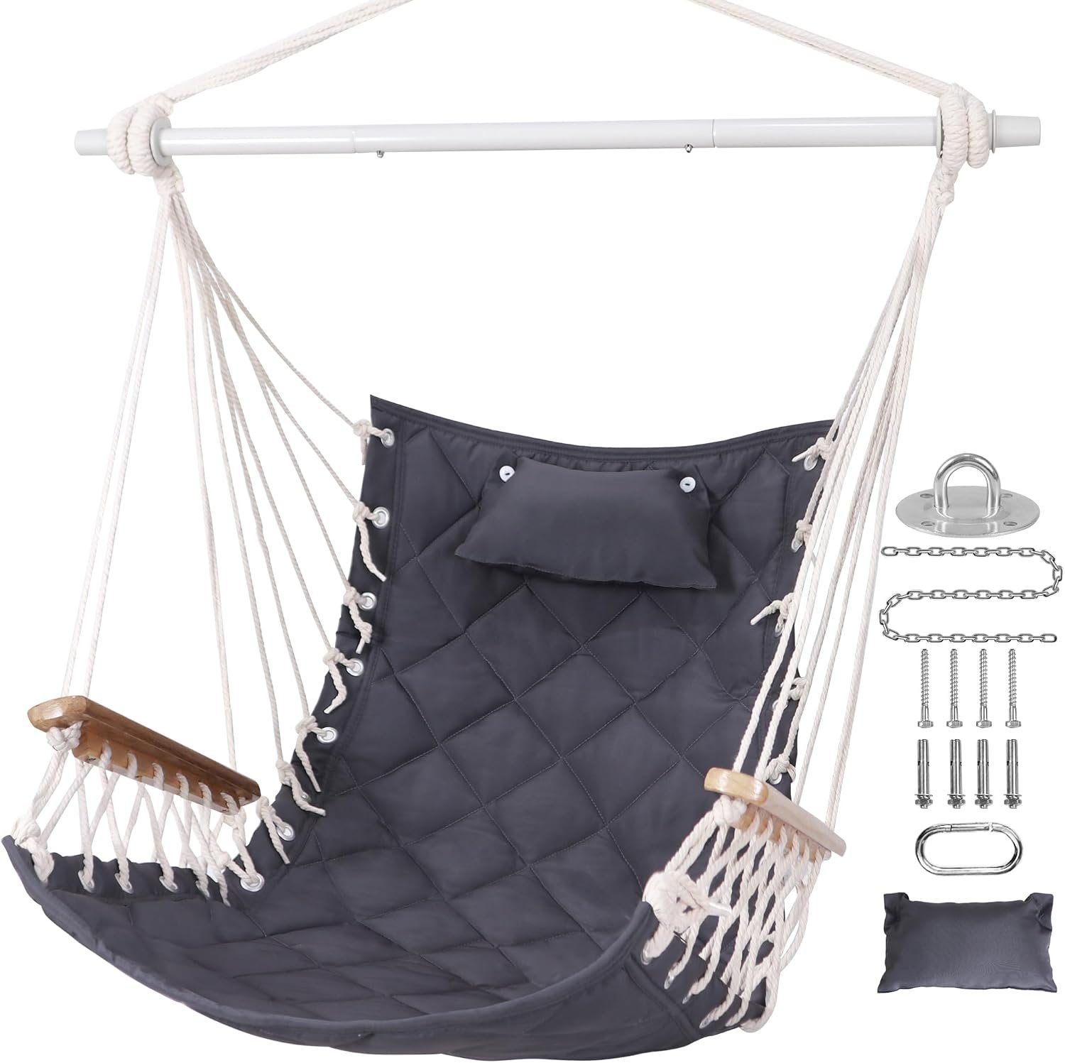 Hammock Chair Hanging Swing with Wooden Armrest;Steel Spreader Bar,Pillows,Hardware kit Included;Cotton Woven Fabric;Up to 350 Lbs,for Indoor or Outdoor