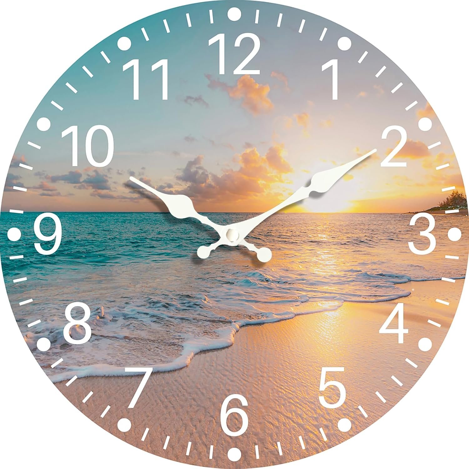 Sea Beach Blue Sky Sand 8 Inch Small Wooden Wall Clock – Silent Non-Ticking Battery Operated Decorative Clock for Kitchen, Home, Bedroom, and Office