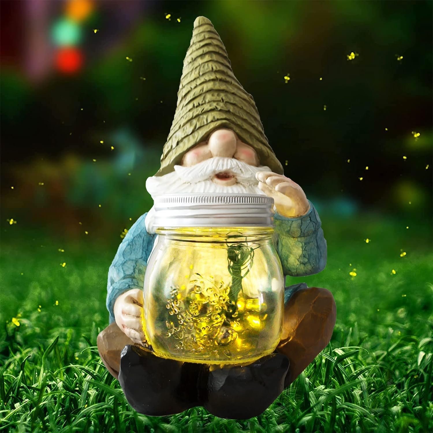 Solar Firefly Jar Gnome Resin LED Garden Statue | Waterproof hand-painted resin; flickering firefly LED lights; holiday gift for women mom grandma