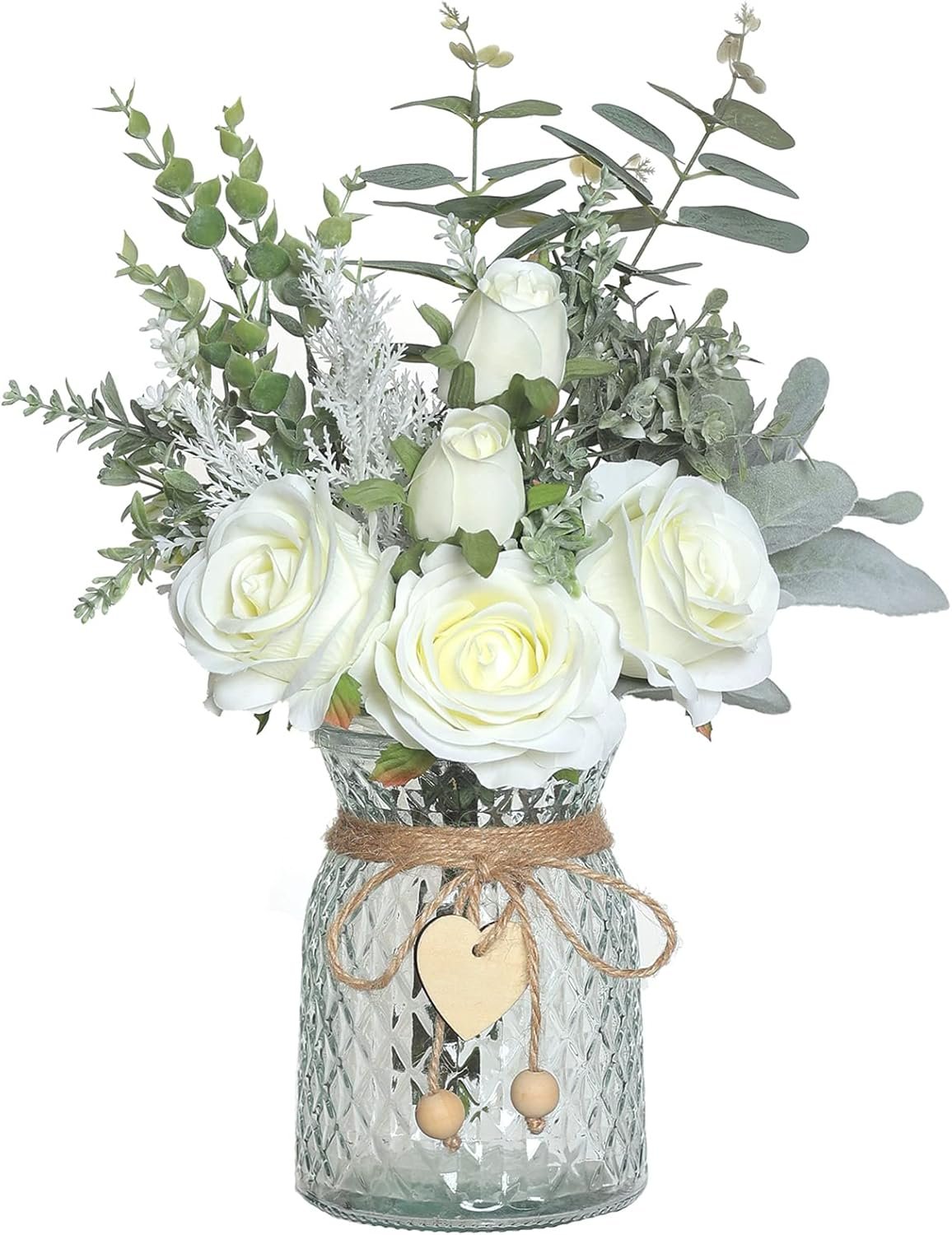VIERENA 14.5″ Faux Flowers with Vase,Artificial Silk Roses in Vase(White) | Realistic Fake Plant Faux Eucalyptus,Flower Arrangement for Home Office Farmhouse Bathroom Dining Table Centerpiece Decor