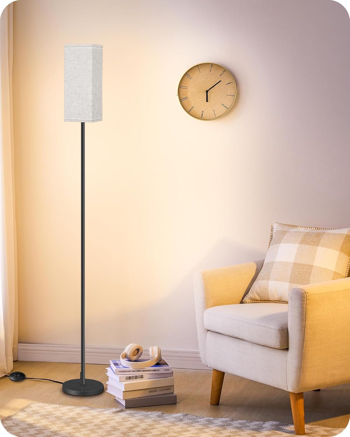 64.6″ Floor Lamp, Pole with Foot Switch, Modern Standing Lamp Lampshade, Minimalist Freestanding Lamp (Bulb Not Included), for Living Room, Bedroom Office ETL Listed, Black and Beige E07LD05