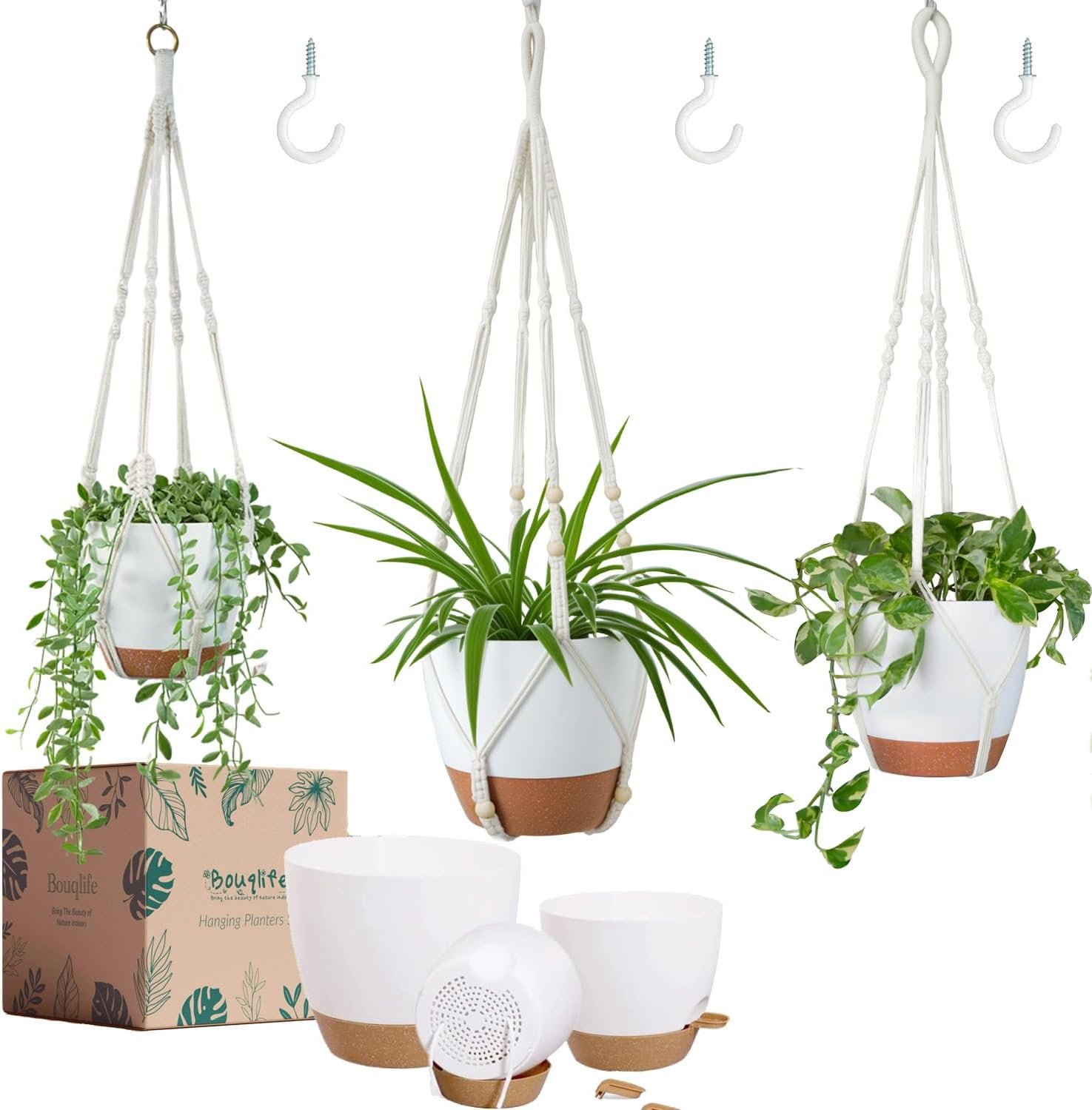 Bouqlife 3 Pack 10/8/7 Inch Hanging Planters for Indoor Plants with Self-Watering Hanging Pots with Drainage, 3 Different Size Macrame Plant Hangers with Hooks White Large