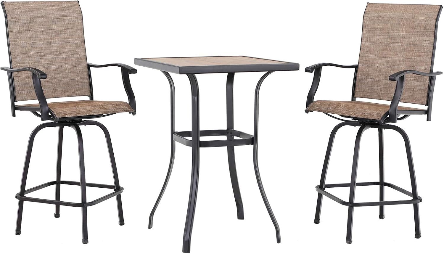 PHI VILLA 3 Piece Outdoor Swivel Bar Stools Set, Bar Height Patio Set | with 2 Brown Textilene Fabric Chairs, All-Weather High Top Patio Bistro Pub Table and Chairs Furniture