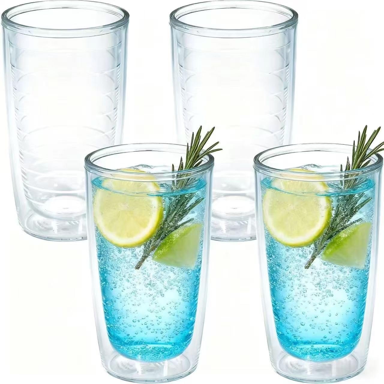 Unbreakable 16oz Tumblers Set of 4 – Plastic Double Wall Insulated Cups, Shatterproof Clear Travel Mugs Keep Drinks Cold & Hot, Reusable BPA-Free for Camping, Party, Office, Home Use (Hand Wash)