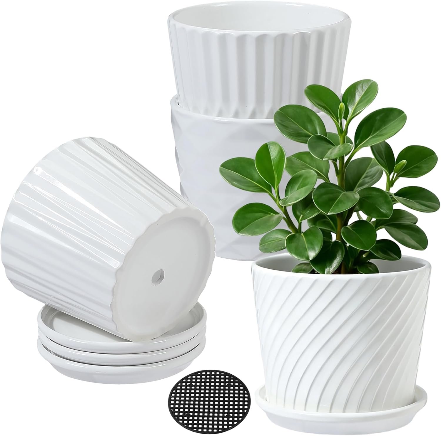 sietpoek 5.5” Ceramic Plant Pots with Drainage and Saucer 4PCs White | White Ceramic Flower Pots with Drainage Hole and Saucer, Decorative Planter for Indoor Outdoor Garden Plants Succulen