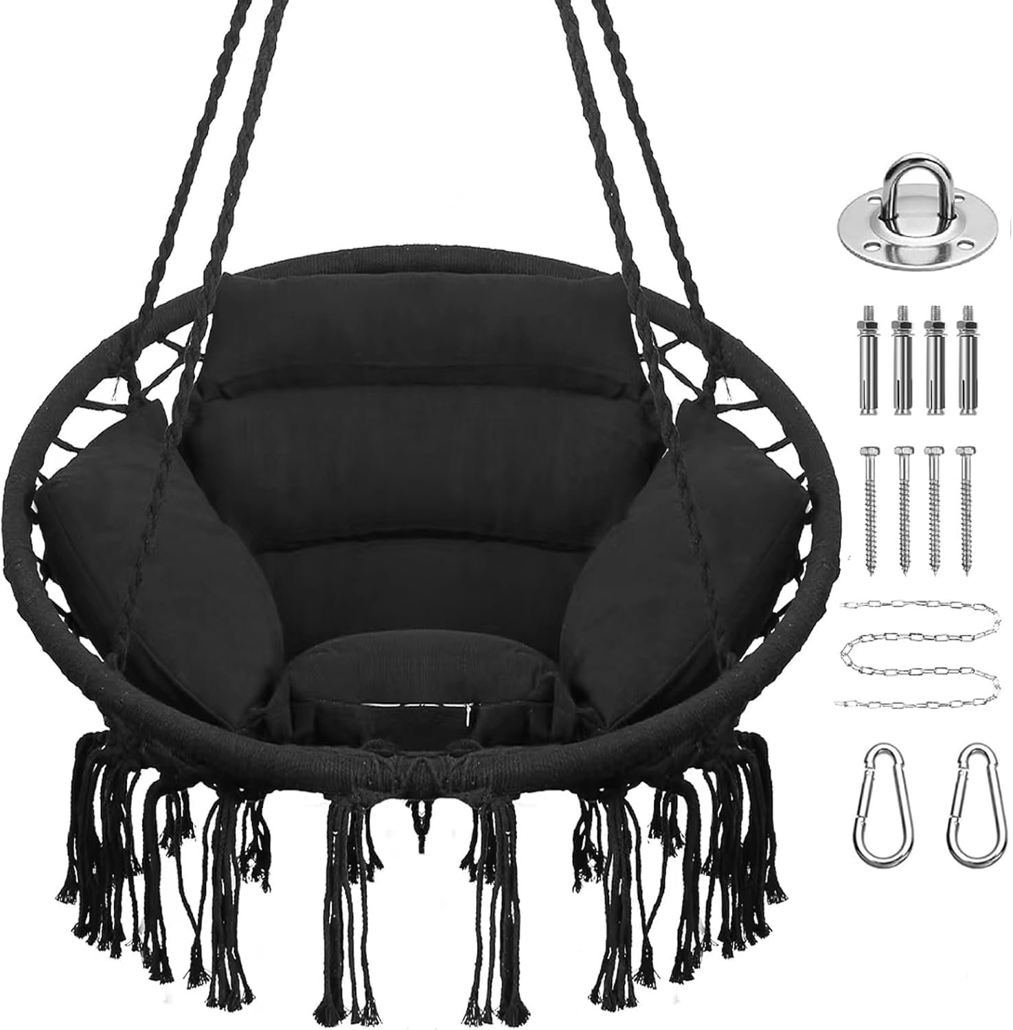 Goutime Hammock Chair with Hanging Hardware Kit and Back Cushions,Macrame Boho Swing Chairs for Indoor,Outdoor,Bedroom,Patio (Black)