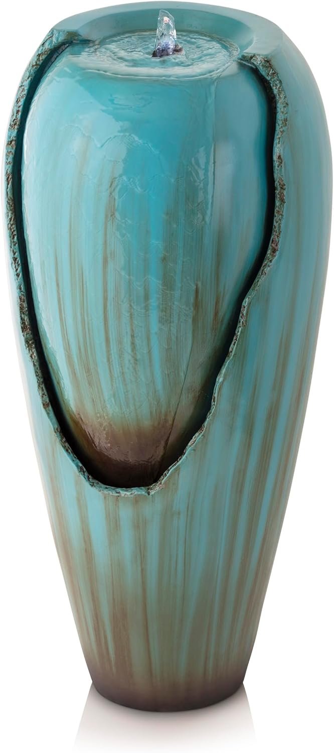 Alpine Corporation 33″ Tall Outdoor Antique Jar Water Fountain, Vintage Cascading Design with LED Lights, Garden, Patio & Yard Decor, Turquoise
