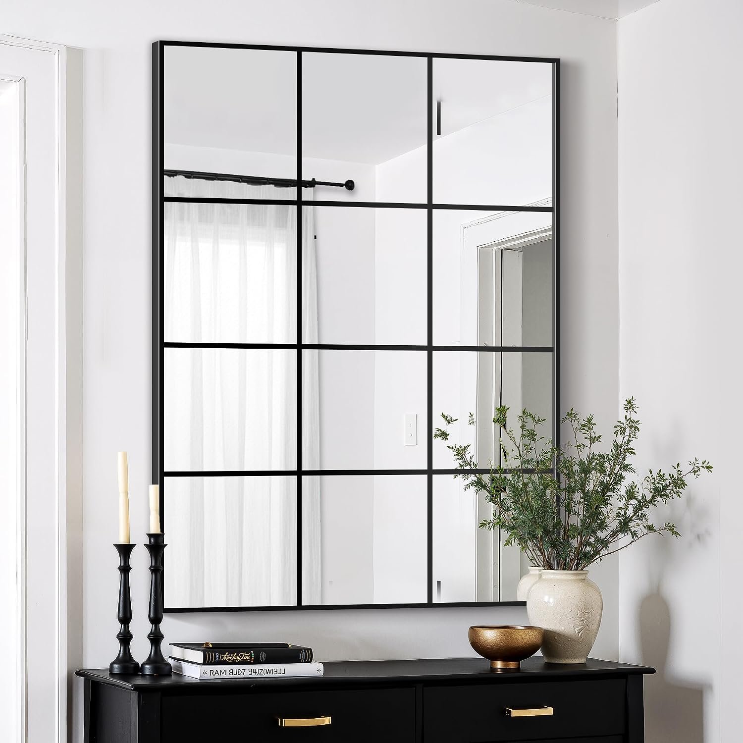 Window Pane Mirror for Wall Decor, 30″ x 40″ Decorative Mirror, Black | Real Metal Grid, HD Tempered Glass, Aluminum Frame, for Bedroom, Living Room, Dining Room, Entryway, Vertical or Horizontal