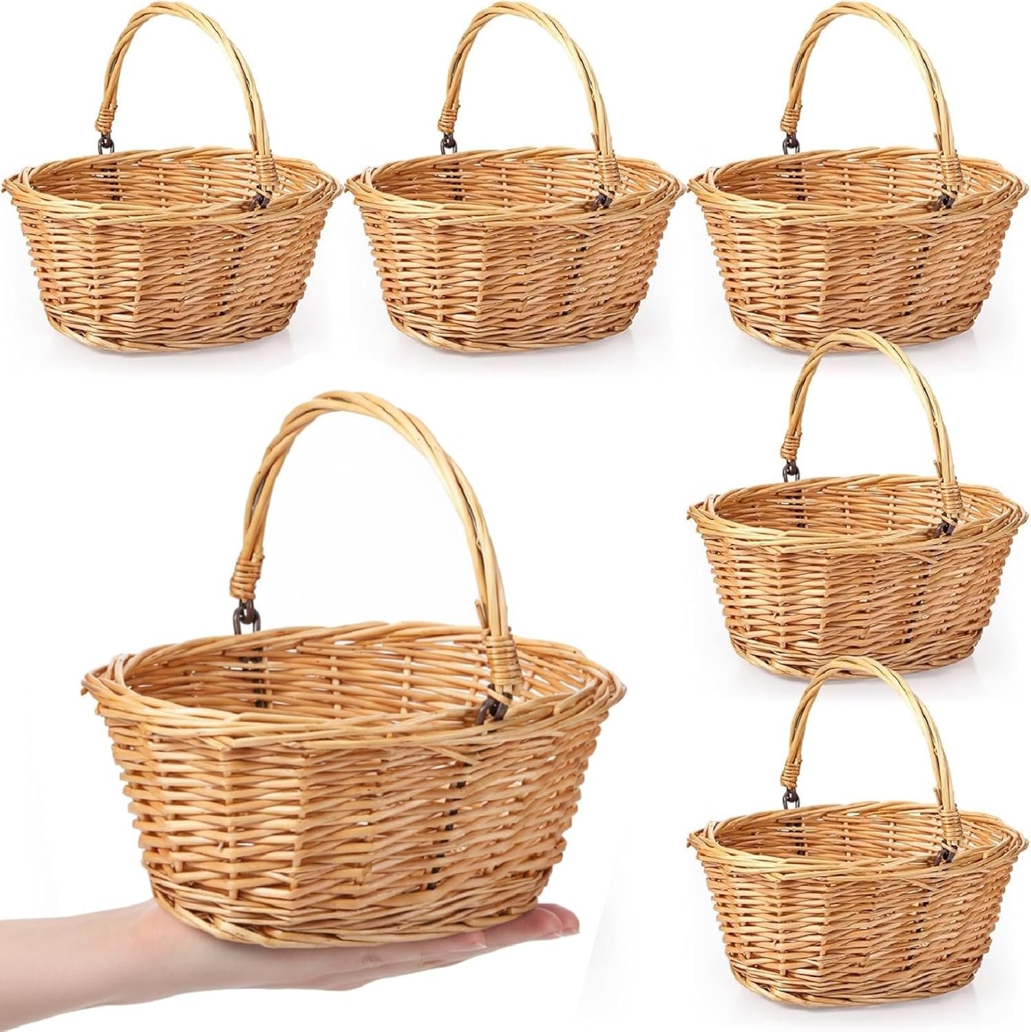 Barydat 6 Pcs Small Wicker Basket with Handle Flower Girl Baskets Oval Willow Woven Braided Gift Basket for Weddings Picnic Baby Shower Home Garden Decor (Khaki,9″ X 7″ X 4″)