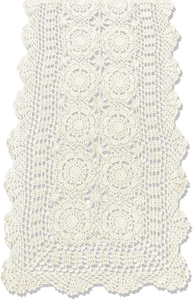 KEPSWET Cotton Handmade Crochet Lace Table Runner Beige Rectangle Coffee Table Dresser Decor (14×36 inch)