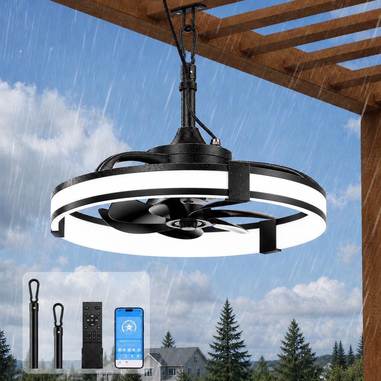 Ausic 20″ Outdoor Ceiling Fan with Light, IP65 Waterproof Outdoor Gazebo Fan for Patios, Plug in Caged Hanging Fan with Remote Control Smart App 3CCT 6-Speeds for Garage, Porch, Deck, Pergola