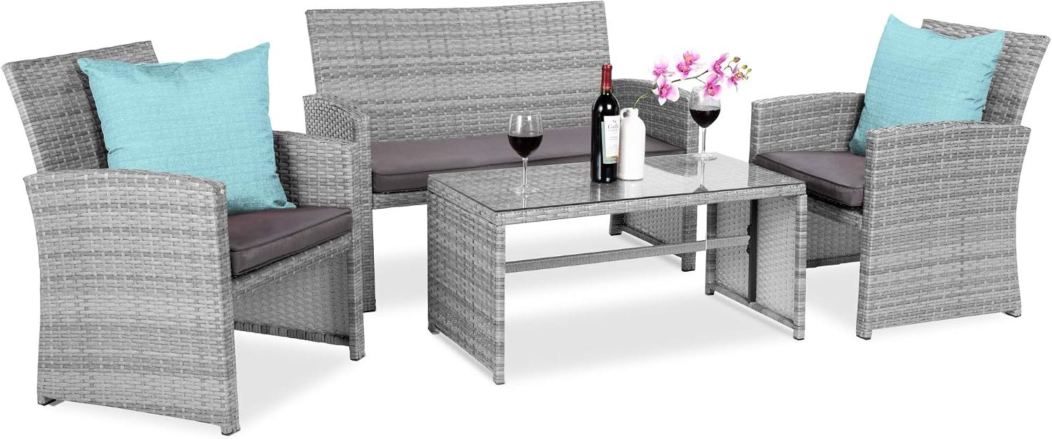 Best Choice Products 4-Piece Outdoor Wicker Patio Conversation Furniture Set for Backyard w/Coffee Table, Seat Cushions – Gray/Gray