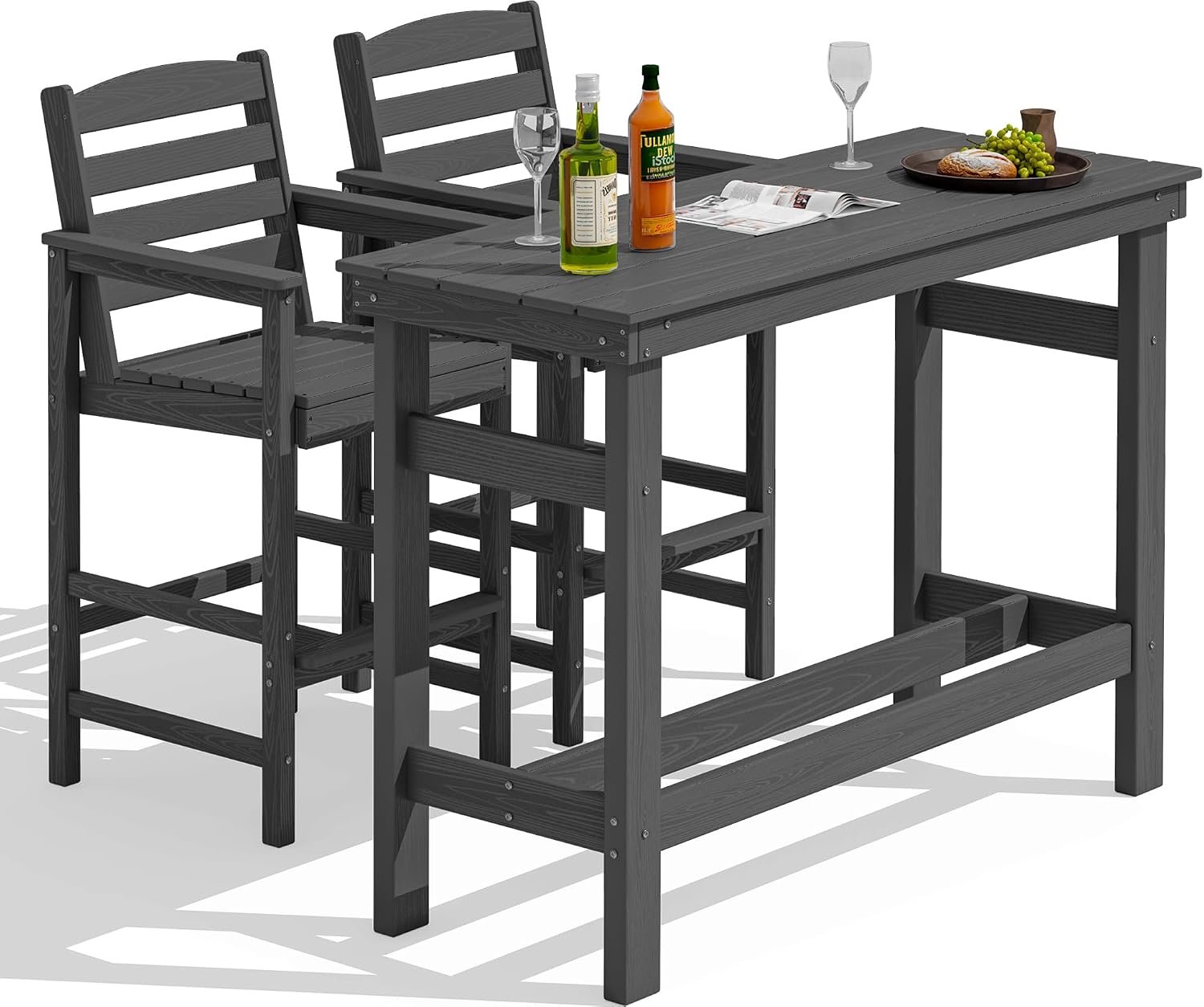 SERWALL Outdoor Bar Set, 2 Adirondack Bar Chairs & Bar Height Table, Grey | with 1.6″ Umbrella Hole, All-Weather HDPE Patio Furniture for Poolside, Backyard, Garden