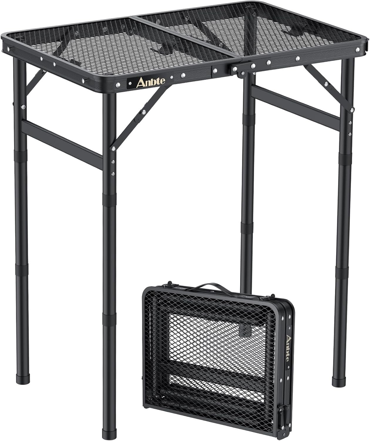 Anbte Folding Grill Table, Aluminum Camping Table Adjustable Height Max 27.5″ Picnic Table Outdoor Table, Lightweight, Portable Handle for Travel Cooking BBQ Picnic, 22.8″ x 16″, Black