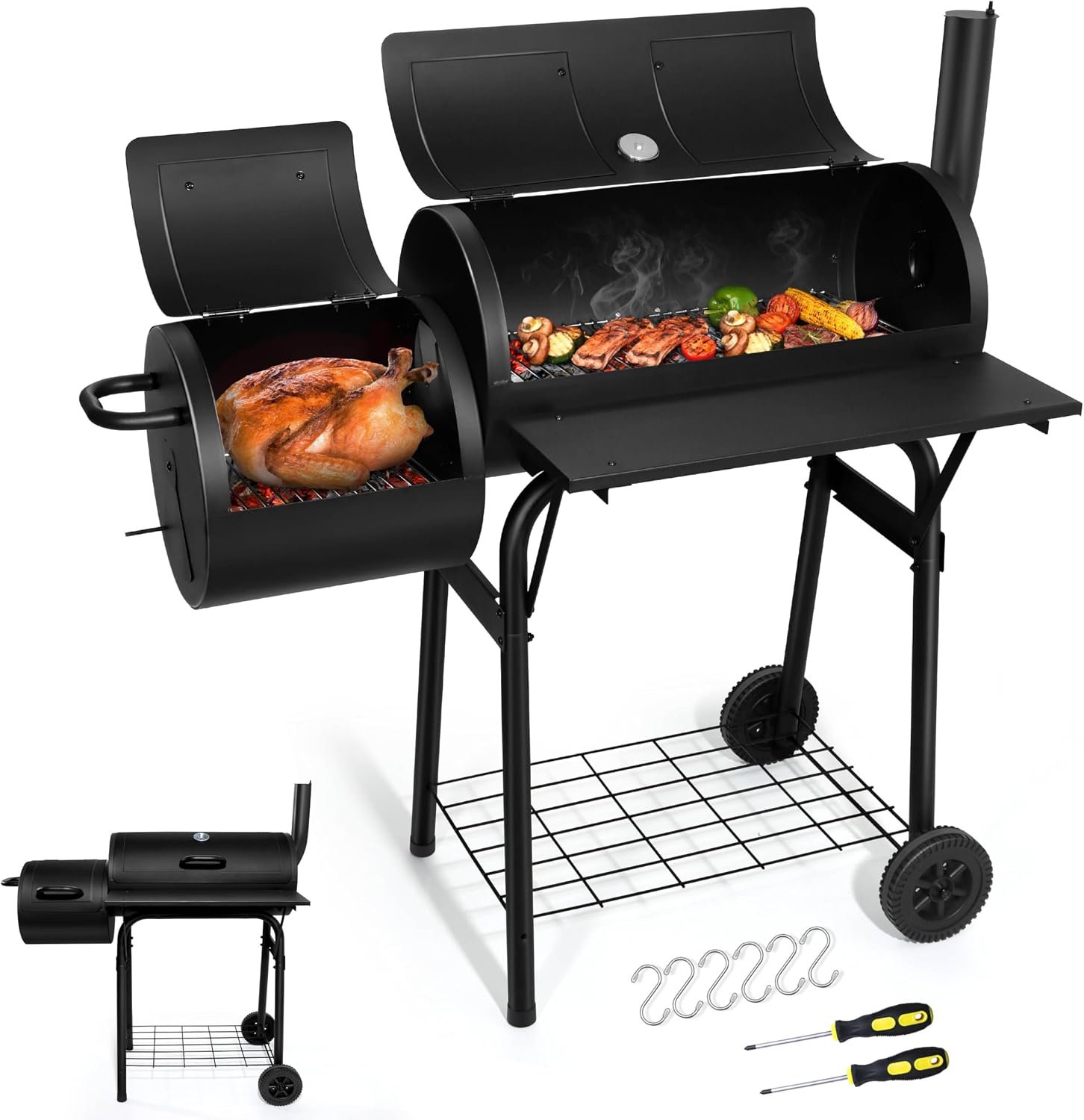 Joyfair Charcoal Grill with Offset Smoker, Outdoor BBQ Camping Barrel Grill | 551 Sq.In. Large Barbecue Grill with Side Fire Box for Smoking/Grilling, Heavy Duty Thick Iron Steel, Thermometer & Chimney
