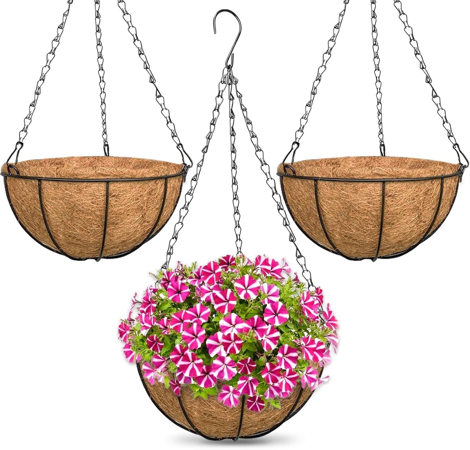 ZeeDix 3 Pack 10 Inch Metal Hanging Baskets, Round Wire Hanging Planters with Coconut Liners Replacement for Plants Flowers Outdoor Outside Deck Porch Garden Balcony Decoration