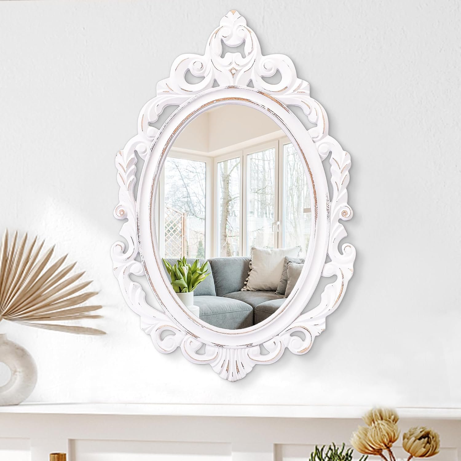Wall Mirror Oval Baroque Style Vintage Mirrors for Wall Wooden Hanging Arendahl Traditional Mirror Decorative for Bathroom Bedroom Living Room Entryway Decor 24″x16″ White