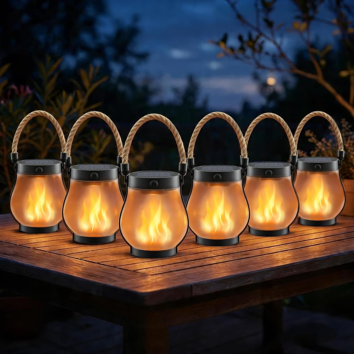 Solar Lanterns Outdoor Waterproof 6-Pack, Flickering Flame Effect | Rechargeable lanterns with USB-C charging, a decorative hanging design, and dusk-to-dawn use for patios, porches and gardens
