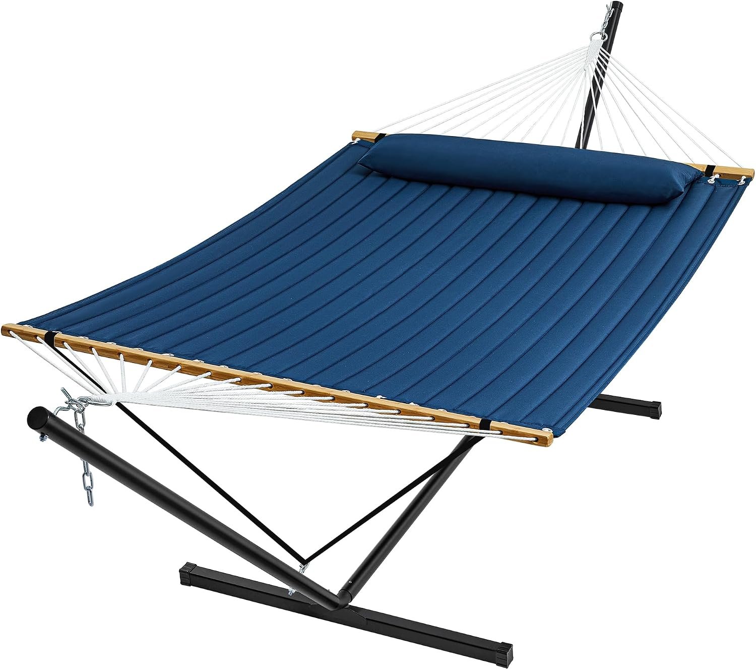 SUPERJARE Hammock with Stand, 2 Person Quilted Outdoor Hammock, Detachable Pillow & Bamboo Spreaders, Portable Hammock with Carrying Bag, Heavy Duty Stand, Perfect for Outside, Patio, Navy Blue