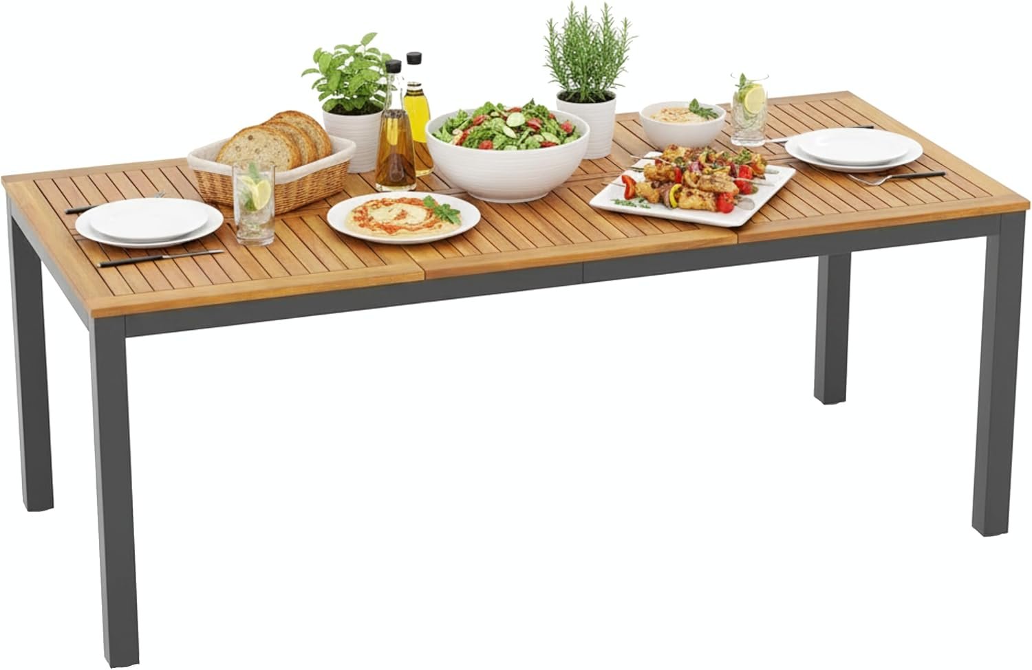 Tangkula 79″ Acacia Wood Outdoor Dining Table for 8, Patio Table with Umbrella Hole, Metal Legs & Adjustable Foot Pads, Rectangular 8-Person Outside Table for Garden, Poolside & Backyard