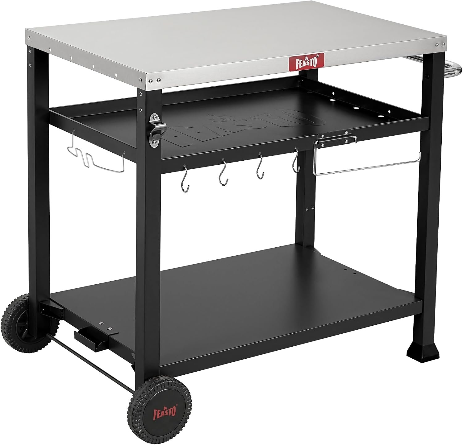 Feasto 3-Shelf Pizza Oven Table, Outdoor Grill Cart, 33.5″ x 21.7″, Black | Stainless Tabletop with Tank Hook for Pizza Ovens & Griddles, Heavy-Duty Prep Station for Patio BBQ and Deck Parties