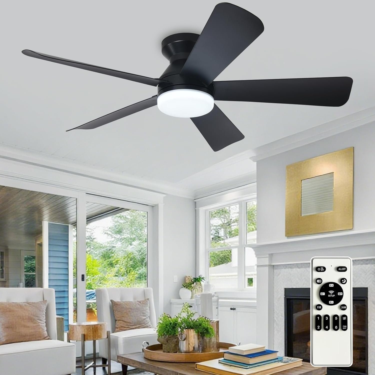 Depuley Modern Ceiling Fan with Light: 42-Inch Black Small Fans for Bedroom Indoor Outdoor – Dimmable Low Profile Ceiling Fans with Remote Control Flush Mount 5 Reversible Black Blades 6 Speeds Timer