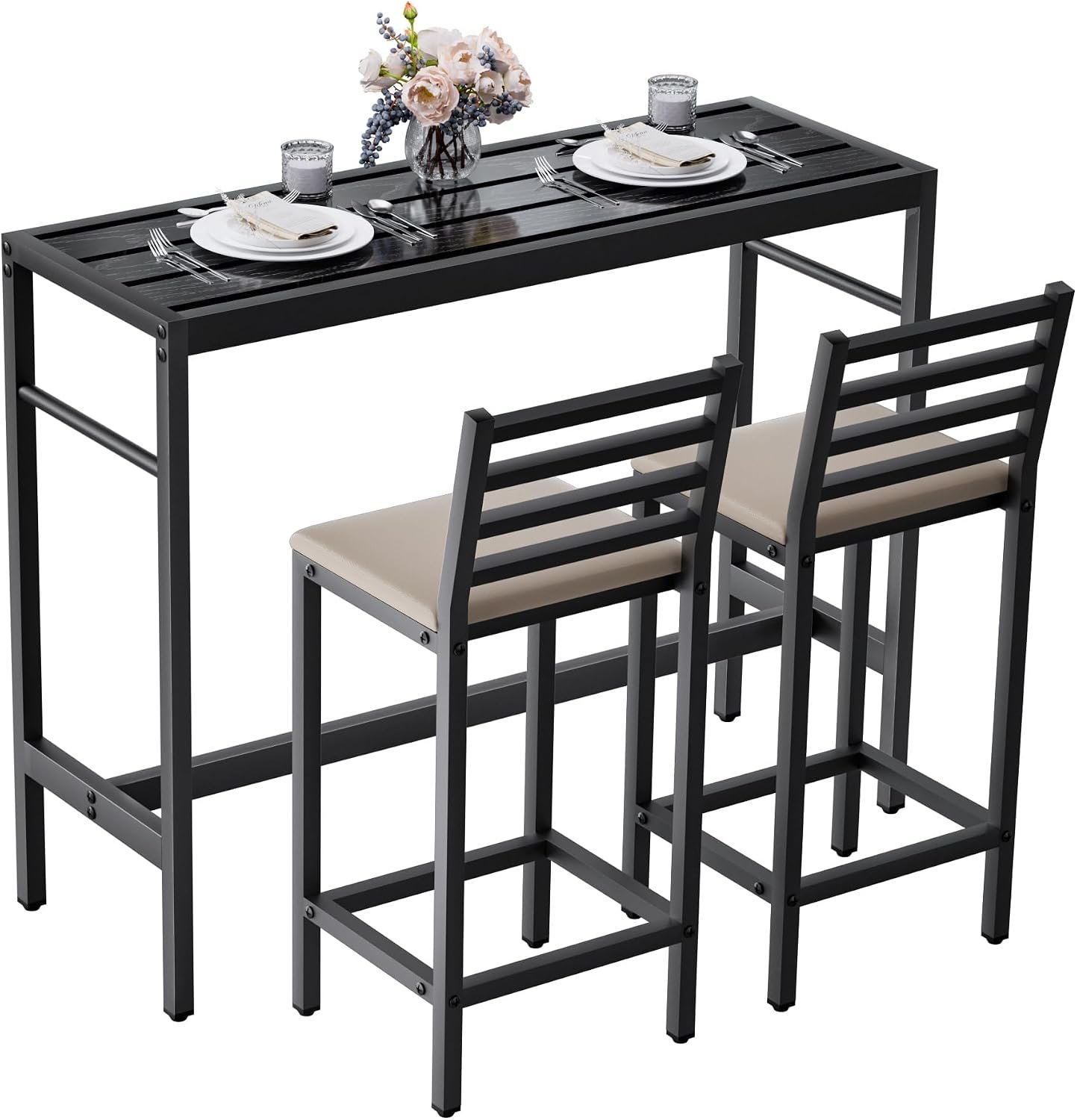 3 Piece Outdoor Patio Bar Set, 50″ Rectangular Counter Height High Top Bar Table Patio Bar Set, 2 Cushioned 41″ Bar Stools Modern Metal Outdoor Bar Set for Poolside, Balcony, Backyard, Porch