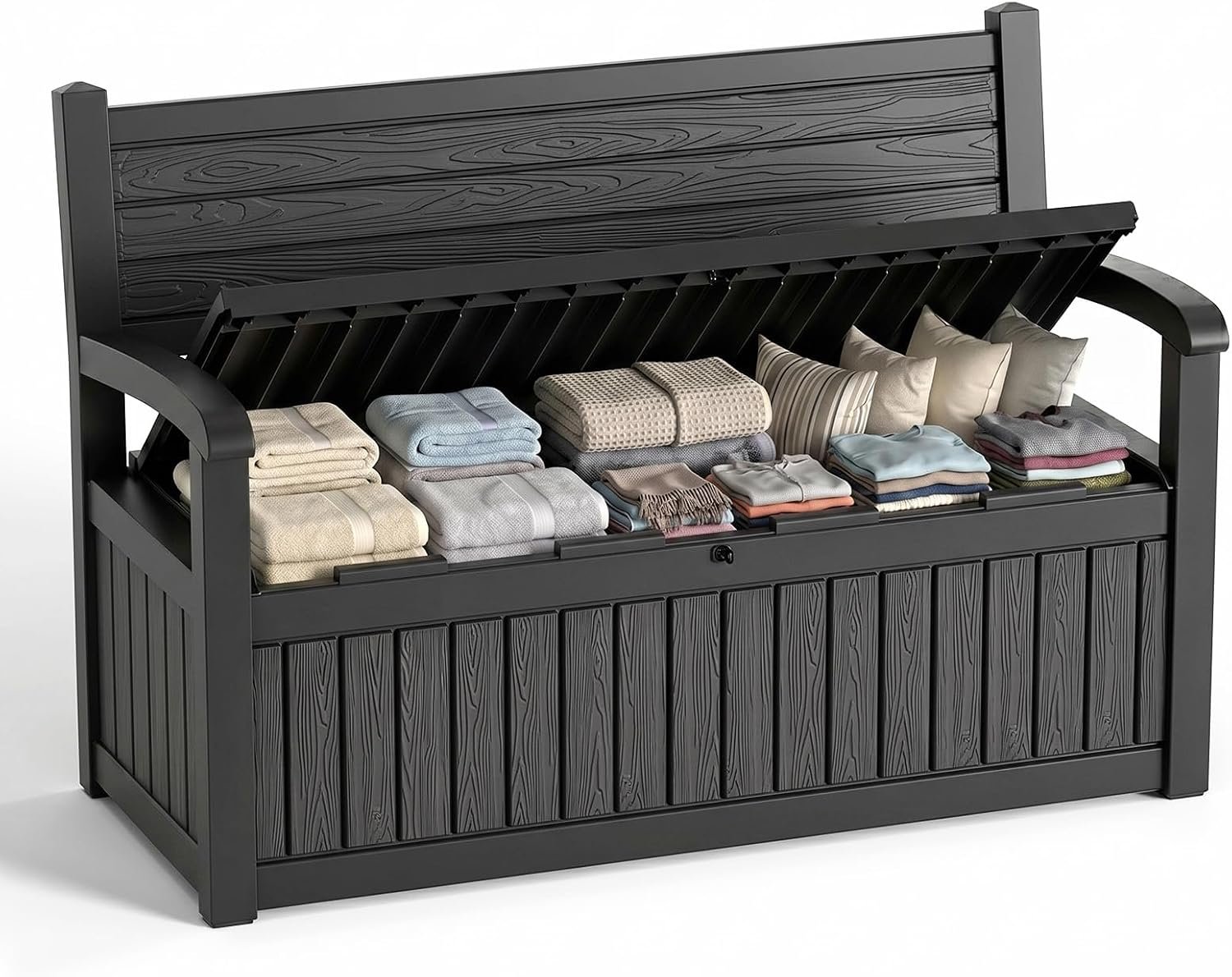 80 Gallon Outdoor Storage Bench Deck Box Waterproof Resin Lockable UV Resistant Benches Furniture Outside Porch Patio Pool Garden Tool Cushion Black