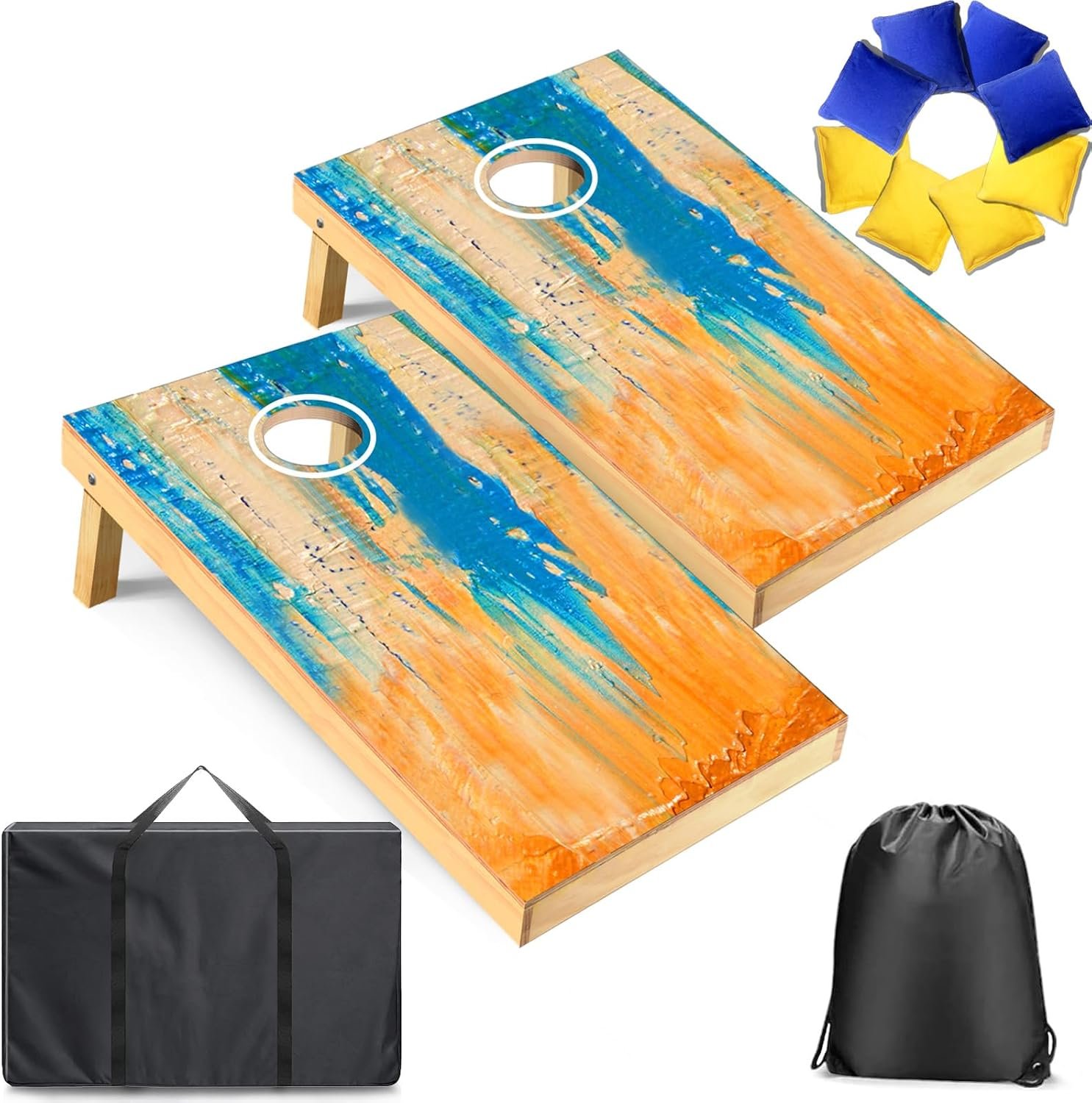 4 x 2/3 x 2FT Cornhole Set Solid Wood for Adults with 8 Bean Bags 1 Case | 4 x 2/3 x 2FT soild wood cornhole boards; foldable legs; 1 carry bag; 8 bean bags; for backyard, tailgate, beach, party