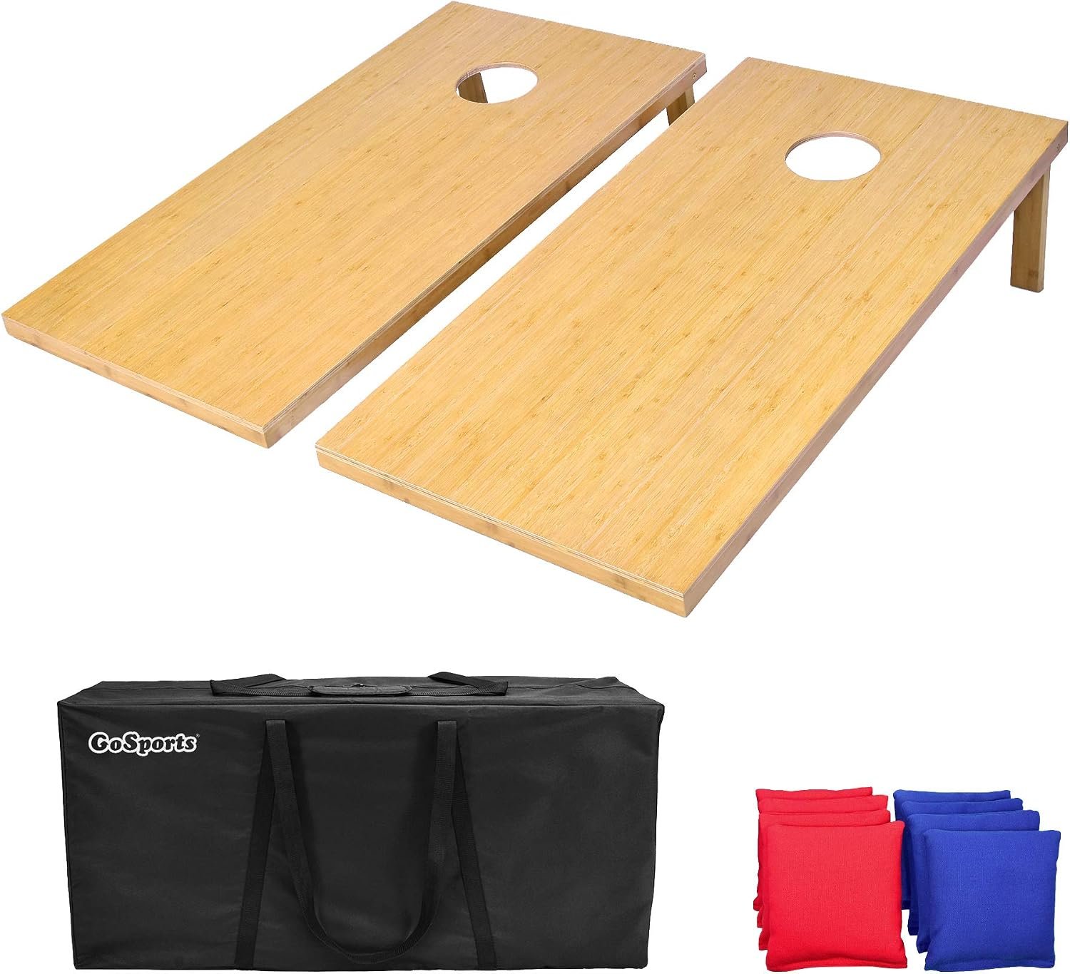 GoSports Bamboo Cornhole Toss Game Set with 8 Bean Bags & Carrying Case – Choose Regulation or Tailgate Size Boards