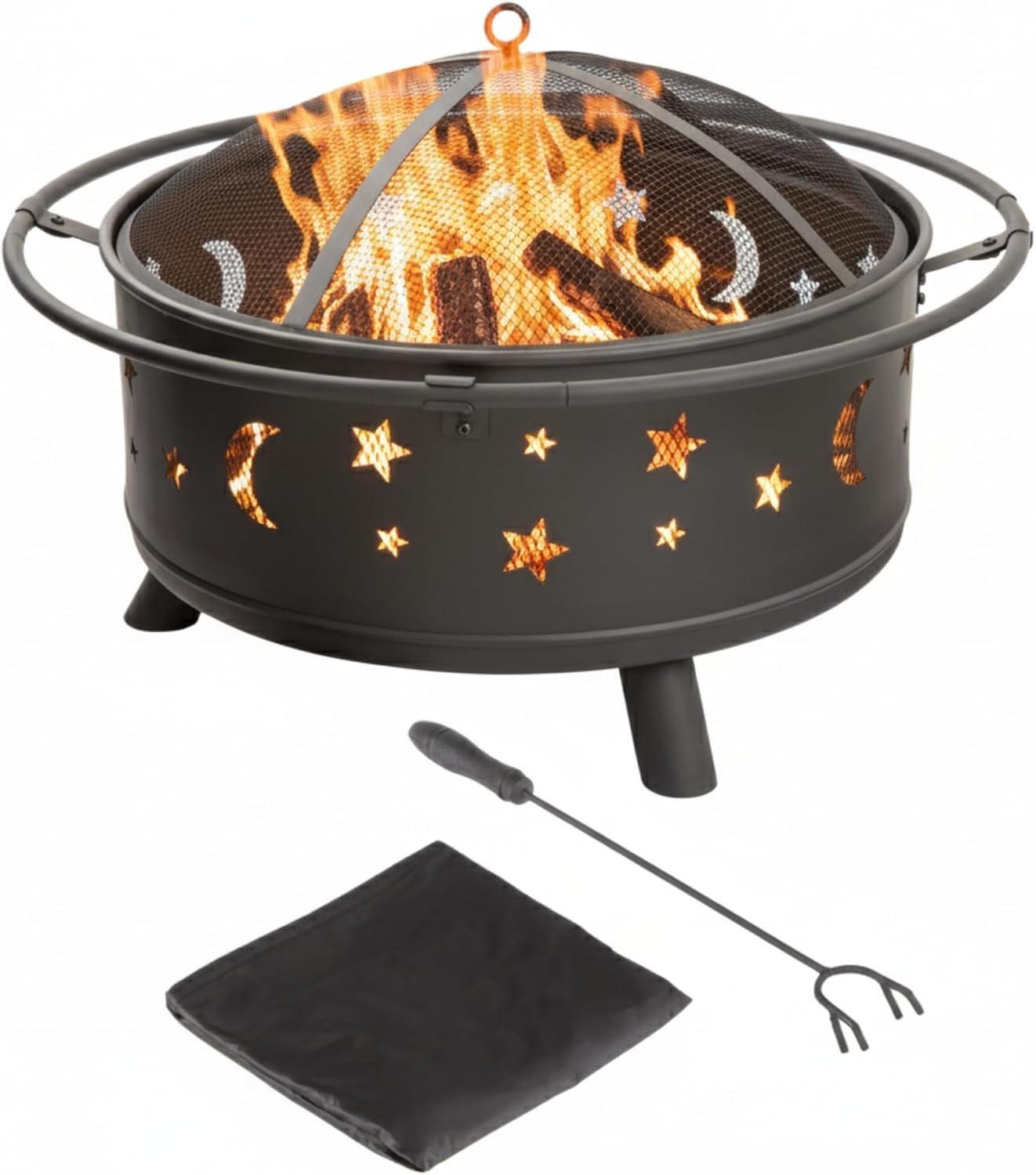 Fire Pit – 32-Inch Outdoor Wood Burning Firepit with Screen, Poker, and Cover – Outdoor Fire Pits for Backyard, Deck, or Patio by Pure Garden (Black)