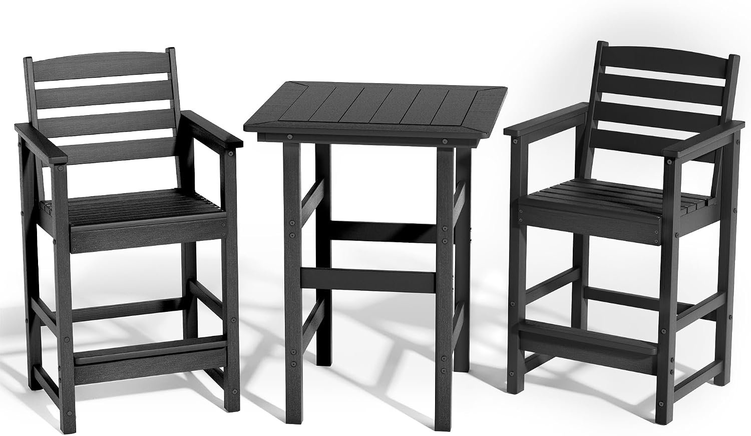 3-Piece Outdoor Bar Set, HDPE Tall Adirondack Table & Chairs (Black) | Bar Height Patio Bistro Set with High Top Table, All-Weather Furniture Outdoor Bar Stools Set for Balcony, Deck, Poolside