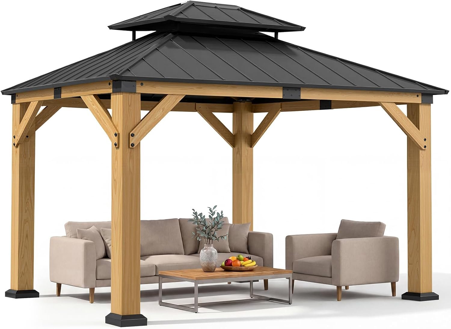Jocoevol 10′ X 12′ Wood Gazebo Hardtop Outdoor Permanent Pavilion with Double Galvanized Steel Roof Snow Support, Wind Resistance for Backyard Garden, Lawns, Patio