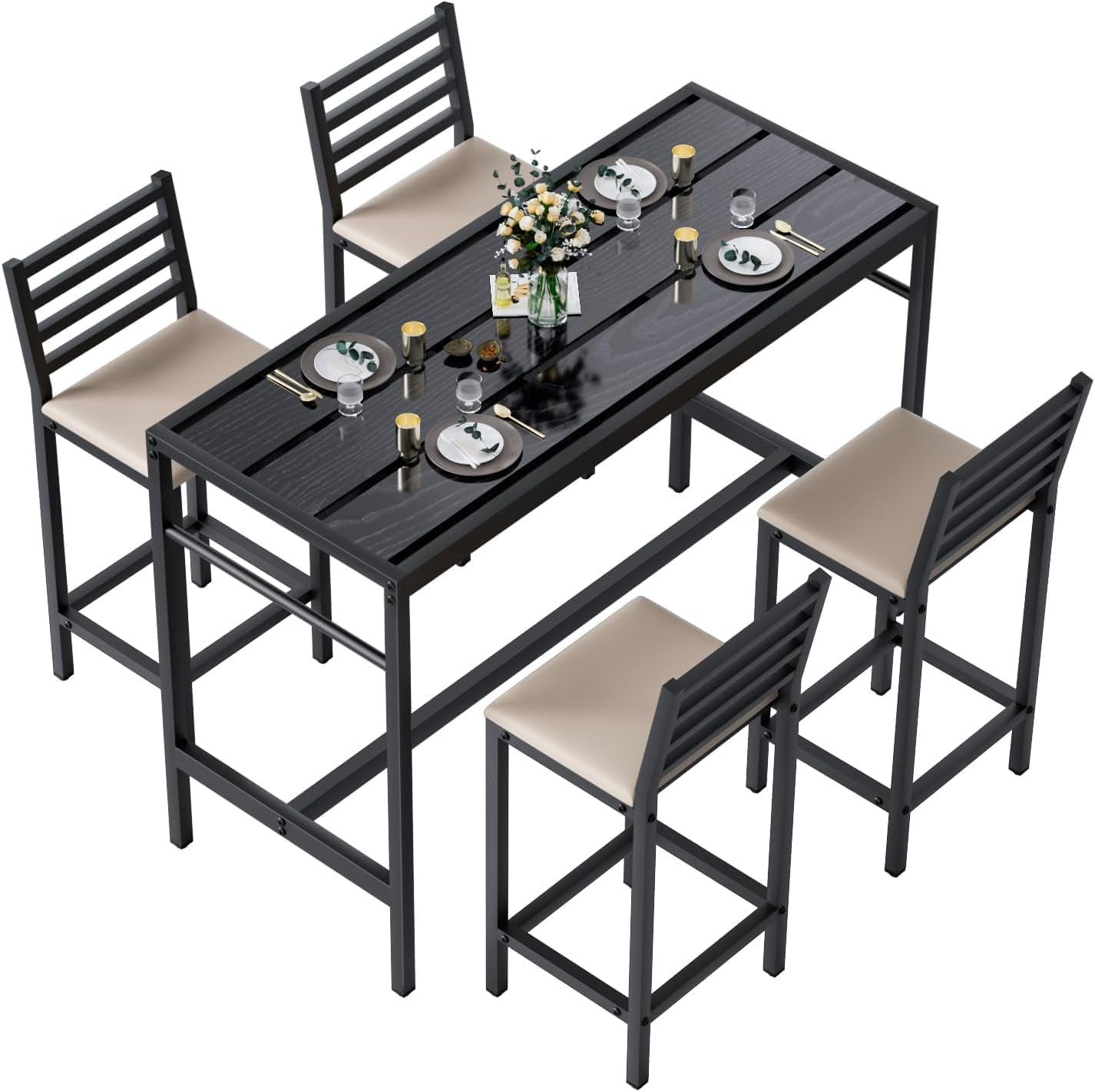5 Piece Outdoor Patio Bar Set, 54.7″ Rectangular Counter Height High Top Bar Tables, 4 Cushioned 41″ Bar Stools, Metal Bar Table and Chairs Set for Poolside, Balcony, Backyard, Porch