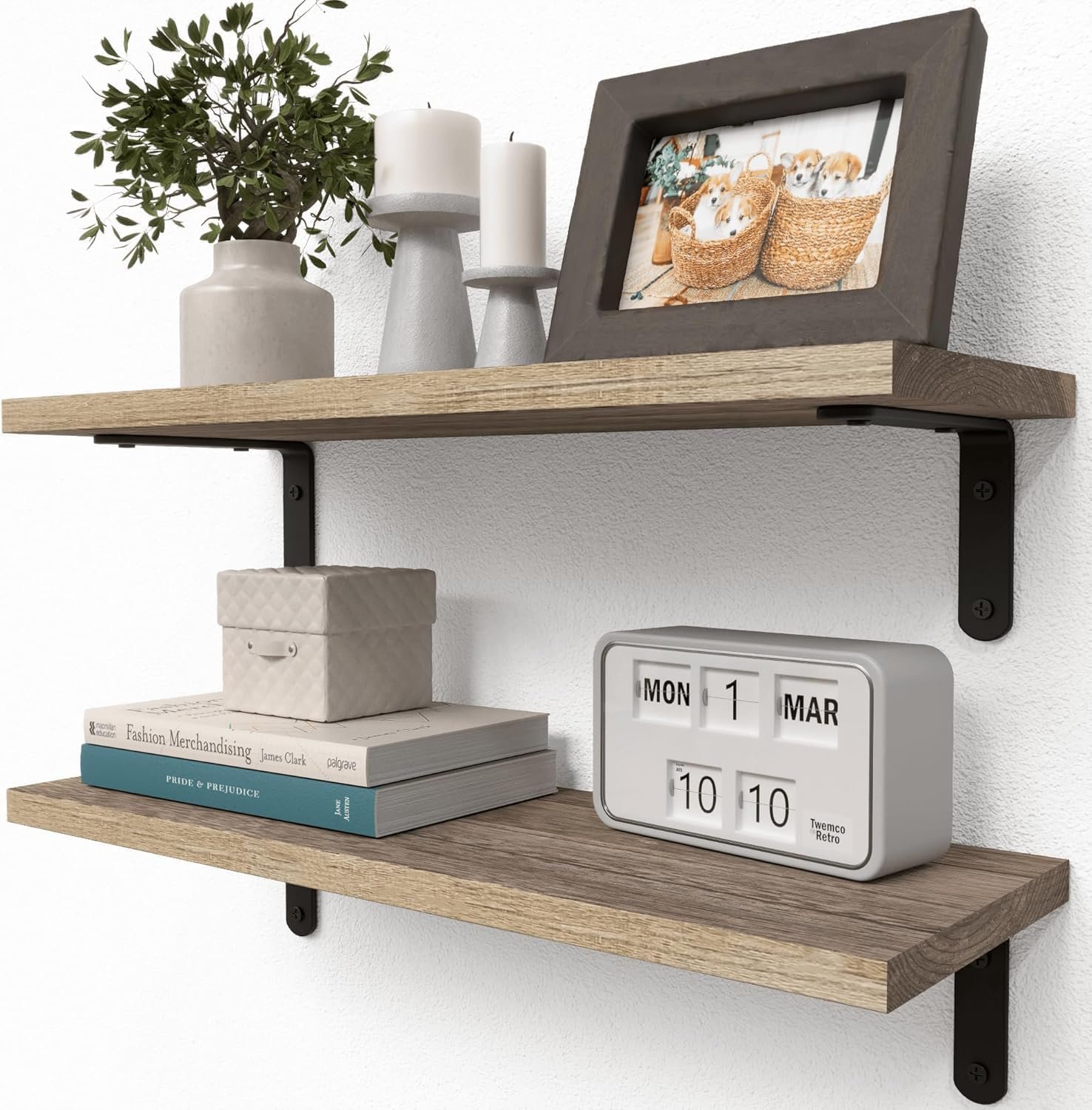 RICHER HOUSE Rustic Wood Shelves Set of 2, Farmhouse Style Floating Shelf for Wall Décor, Hanging Shelves for Bathroom, Bedroom, Storage, Kitchen, Living Room – Carbonized Black | for Wall Décor