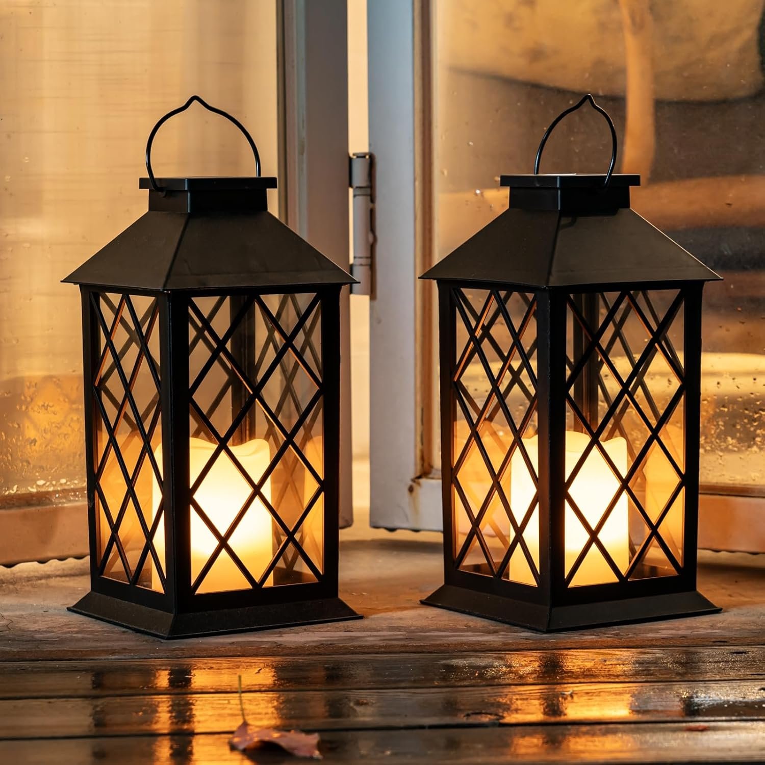 Homemory 2 Pack 13” Black Solar Lanterns, Flickering Flame Hanging Lights | Realistic Flickering Flame Creates Cozy Ambiance for Patios, Porches, Gardens, Yards and Outdoor Evening Gatherings
