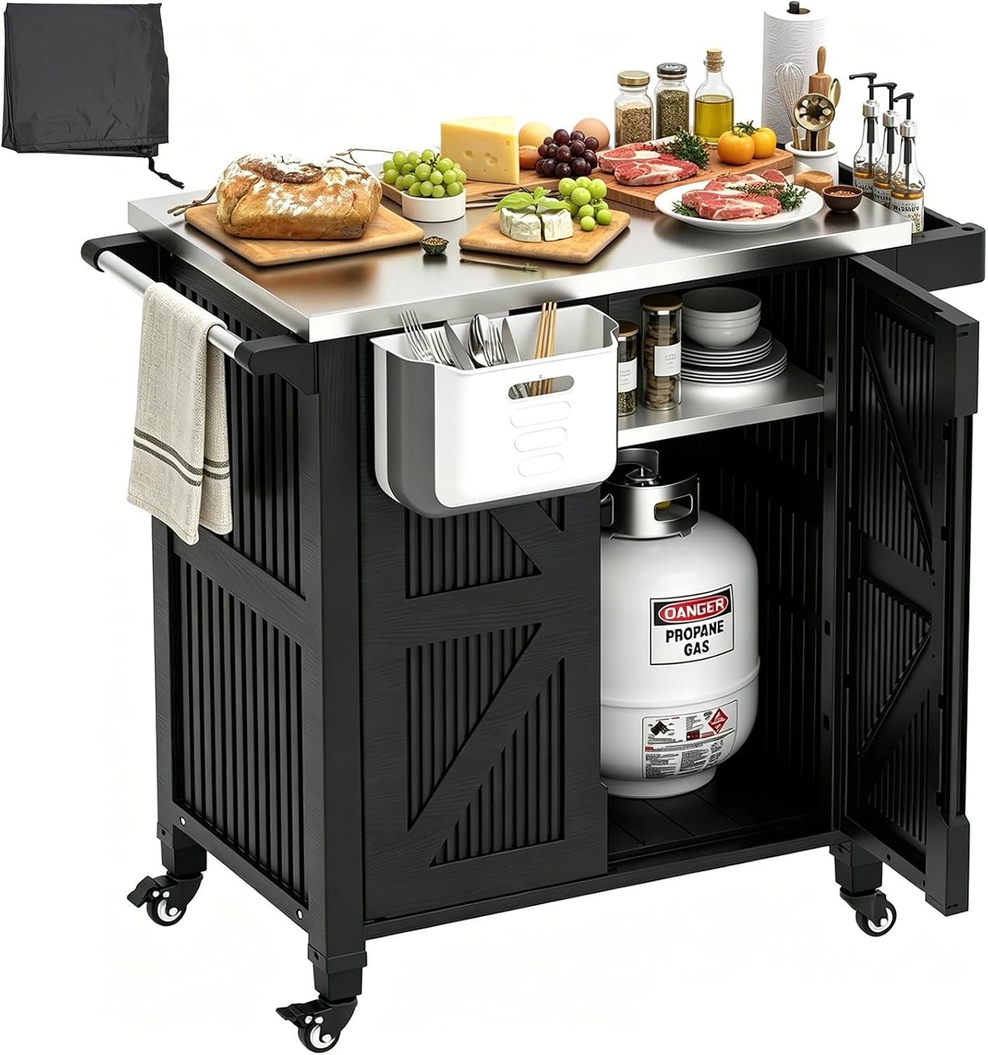 Garturects Outdoor Grill Cart with Storage Cabinet, Portable Outdoor Grill Table with Stainless Steel Top, Bar Cart with Wheel, Portable BBQ Prep Station with Spice Rack & Waterproof Cover, Black