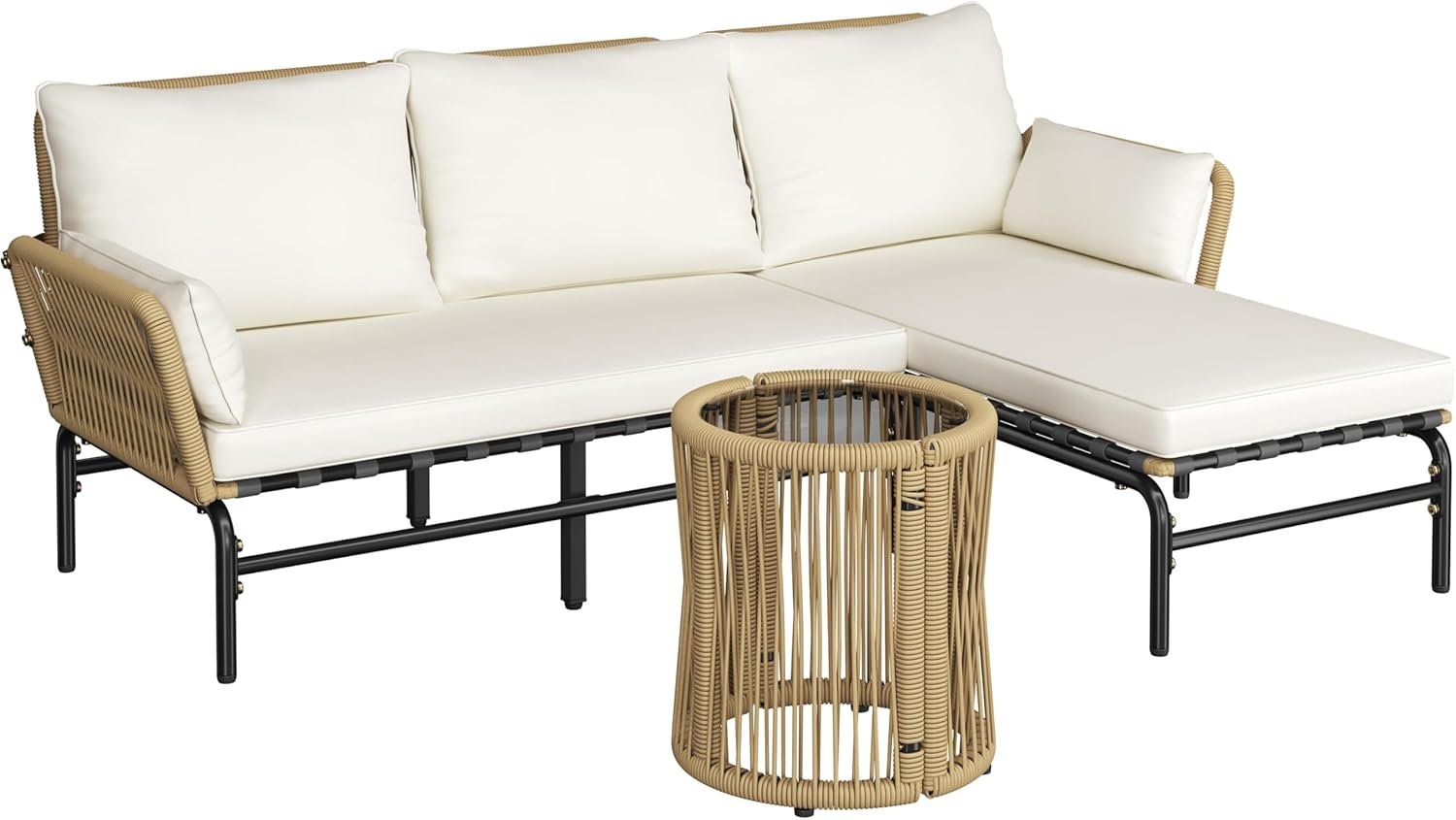 Yaheetech 3 Pieces L-Shaped Conversation Set, Outdoor Patio Furniture Set | w/Detachable Lounger, Thick Cushions, Glass Side Table for Patio, Backyard, Porch, Garden