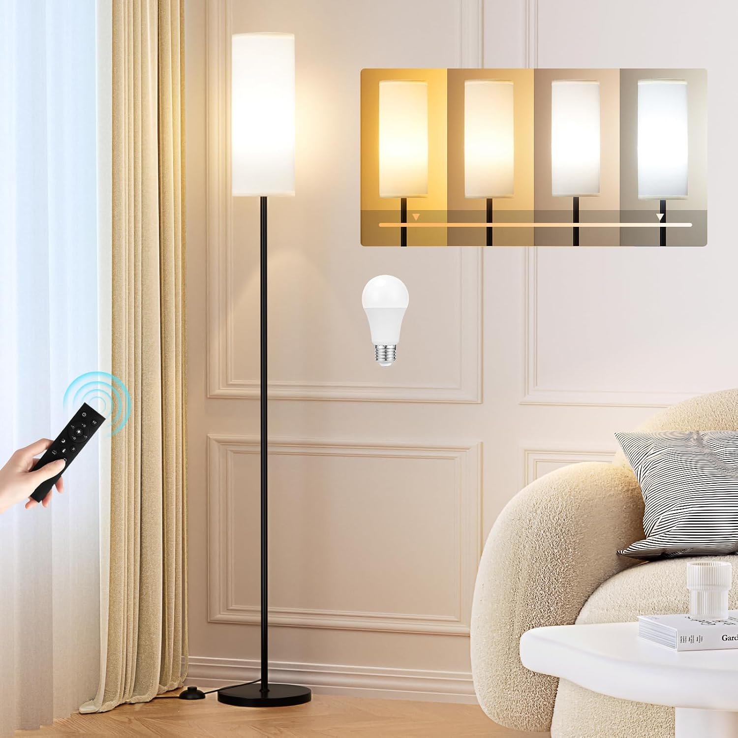 Ambimall 64″ Modern Floor Lamp with Remote Control, 9W Bulb Included | Floor Lamps for Living Room, Stepless Dimmable Colors Temperature & Brightness, Standing Lamps for Living Room Bedroom Office