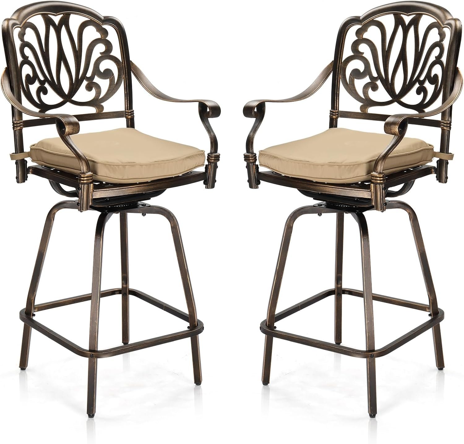 VINGLI Outdoor Swivel Bar Stools Set of 2, Cast Aluminum Patio Bar Height Chairs, All-Weather Bar Dining Chairs Outdoor Swivel Patio Furniture (Elizabethan Back)