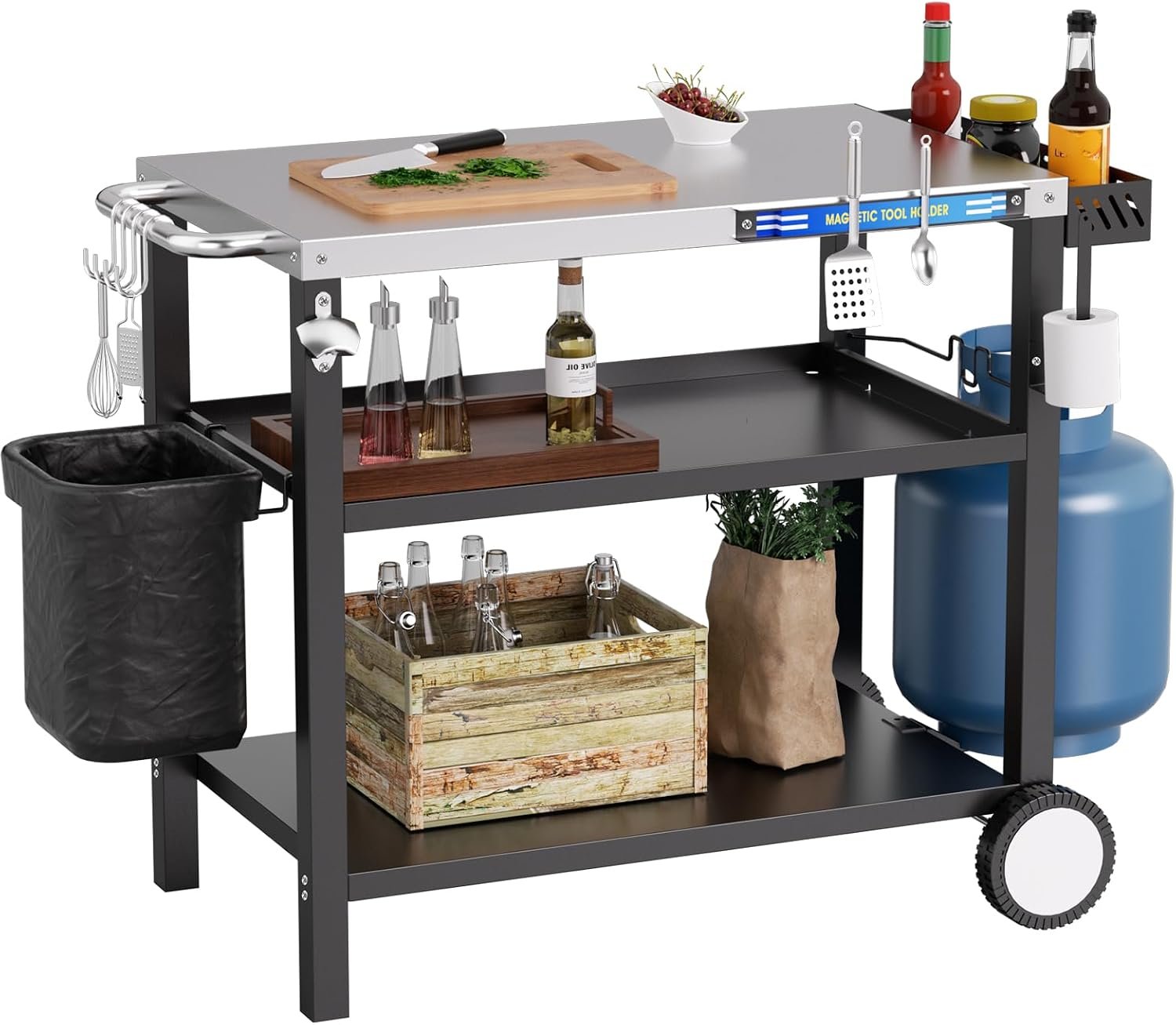 34″ L x 20″ W Stainless Steel Outdoor Grill Table, Grill Cart for Outside, Pizza Oven Table Stand with Magnetic Tool Holder, Wheels,Hooks, Side Tray &Handle