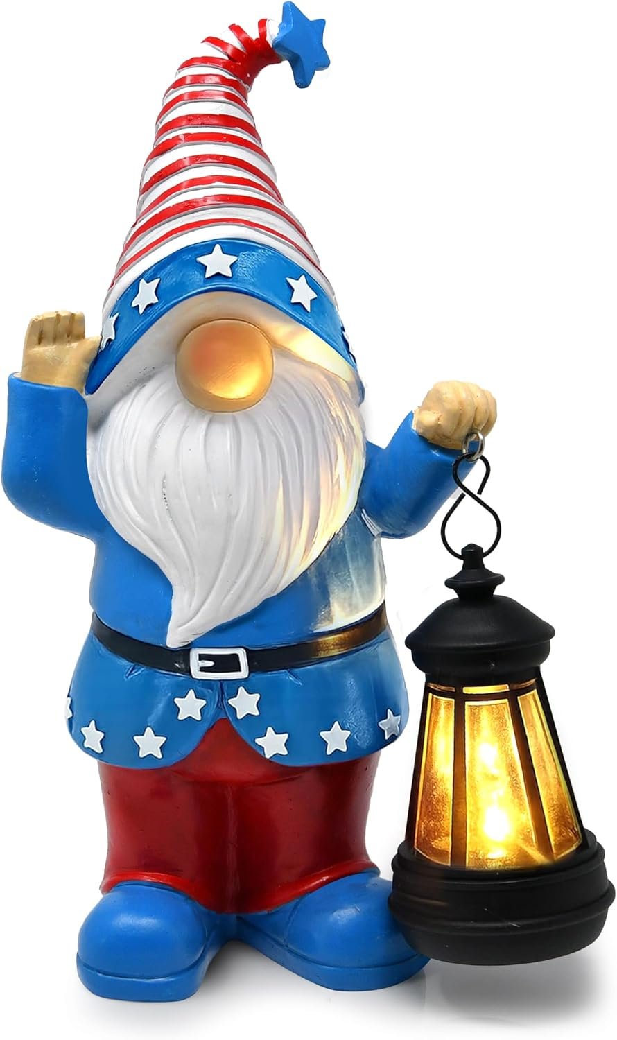 Gift Boutique Patriotic Gnome Decor with Lantern Red White Blue Garden Statue 11in Tall Indoor Outdoor Holiday Yard Decoration Memorial Day 4th of July Porch Accent