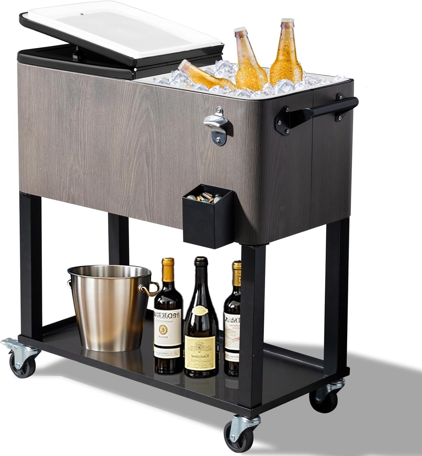 VINGLI Patio Cooler with Bottler Opener, 80 Quart Backyard Party Outdoor Cooler with Cap Catcher, Portable Ice Chest with Wheels for Patio, Gray