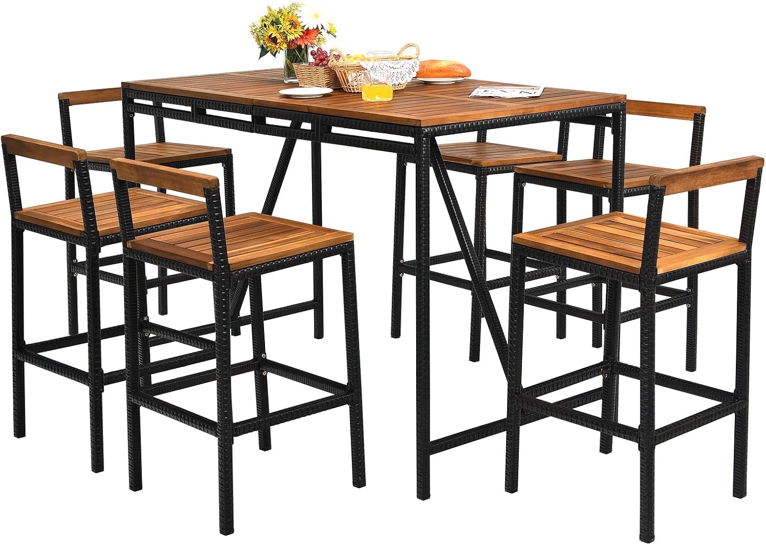 HAPPYGRILL 7 Piece Patio Bar Table Set with Umbrella Hole Acacia Wood High-Dining Bistro Set with 6 Bar Stools, PE Wicker Outdoor Bar Set for Backyard Patio and Poolside